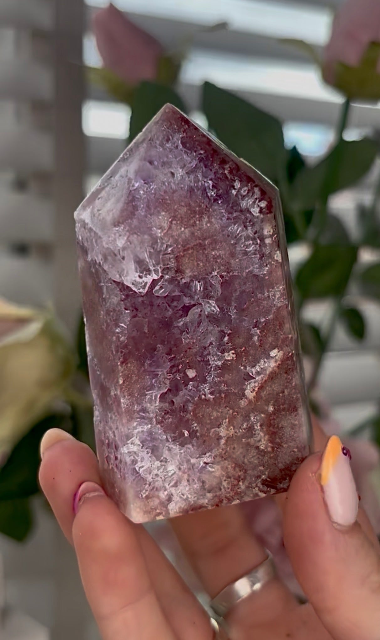 Pretty, high quality, Pink amethyst tower, with lilac quartz druzy