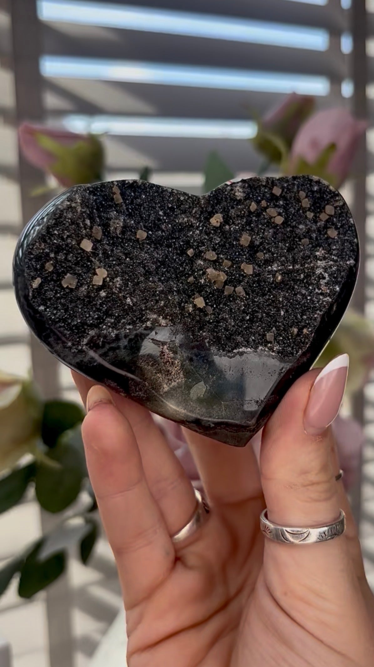 Black Uruguay amethyst heart with calcite - comes with stand