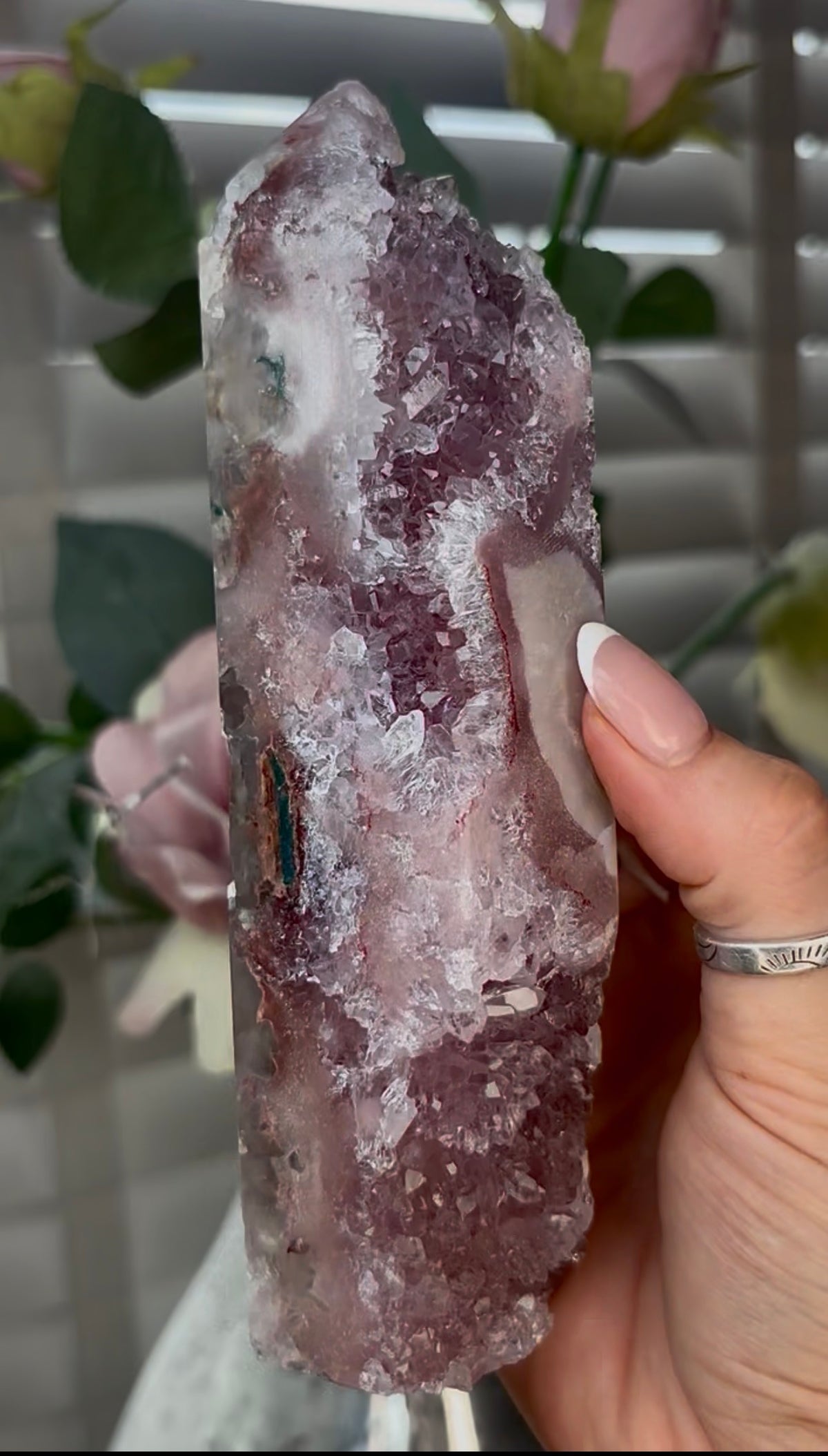 Beautiful, high quality, Pink amethyst tower with lilac quartz 18cm(h) by 4.5cm(w)