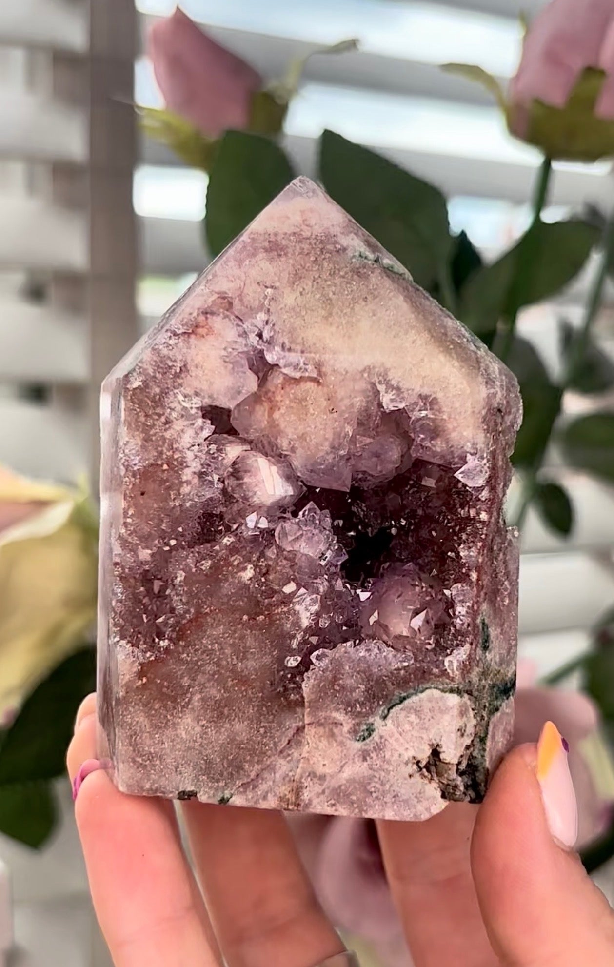 Pretty, high quality, Pink amethyst tower, with lilac quartz druzy