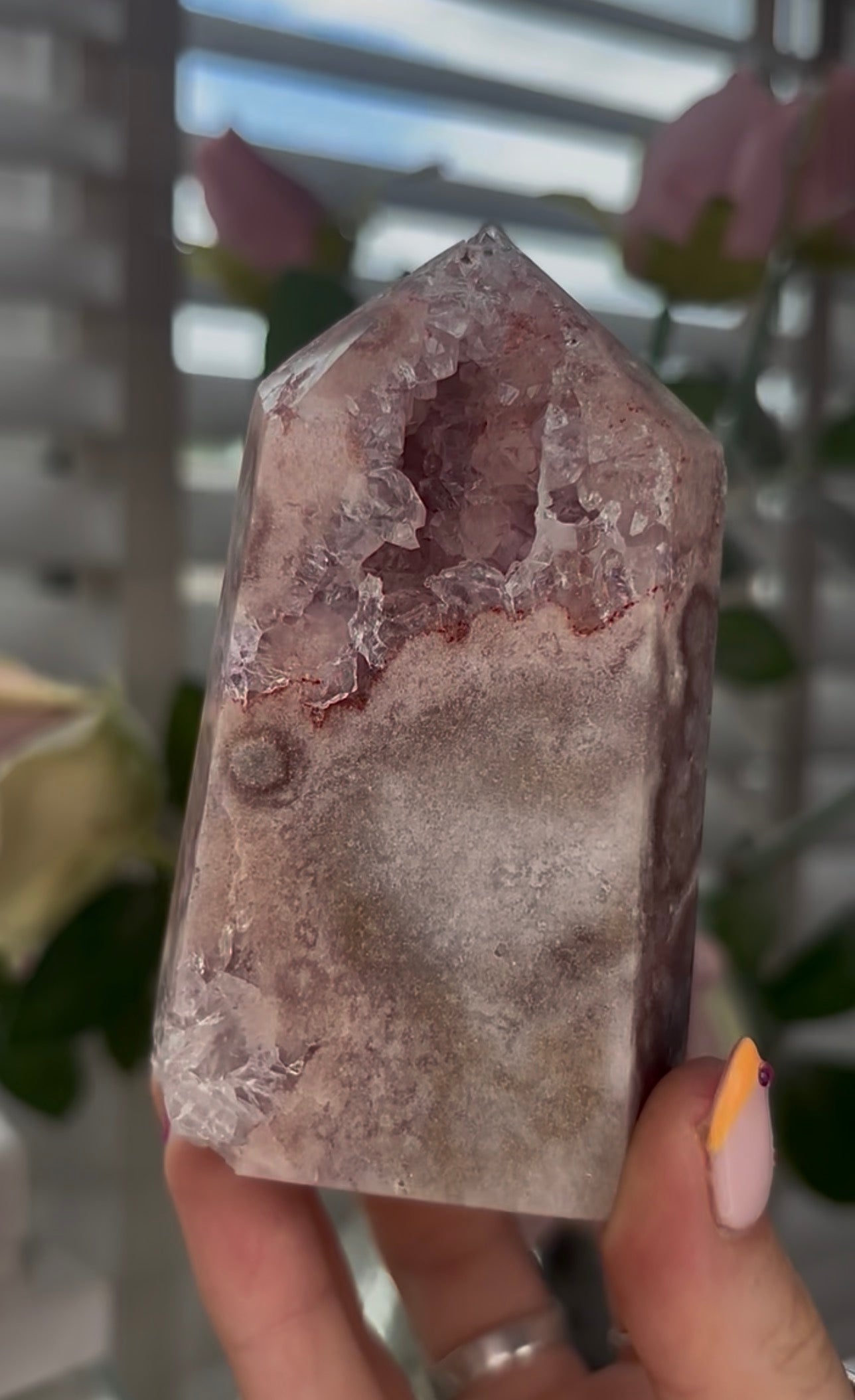 Beautiful, Pink amethyst tower with quartz druzy
