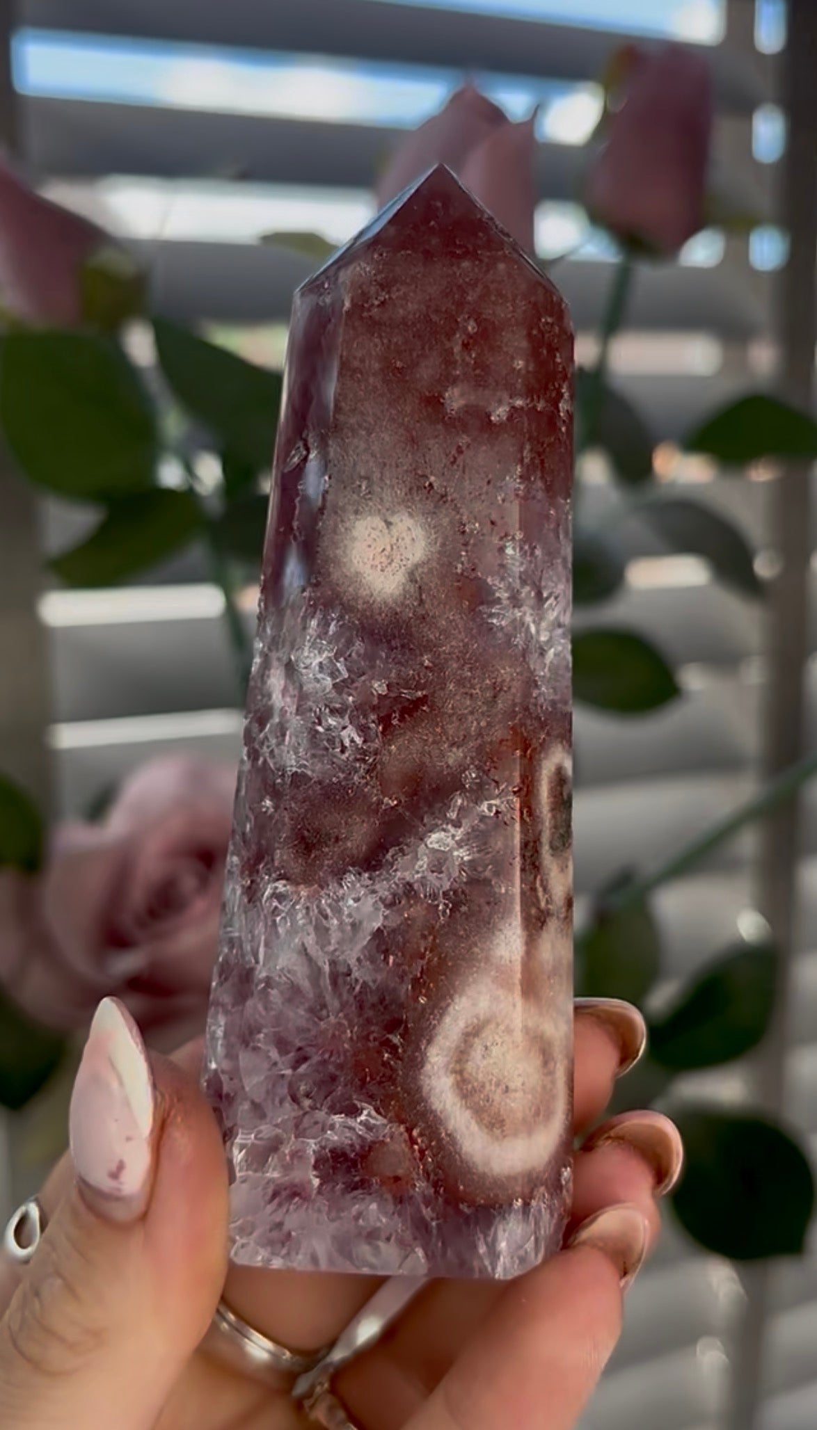 Beautiful, high quality, Pink amethyst tower with quartz & Green jasper