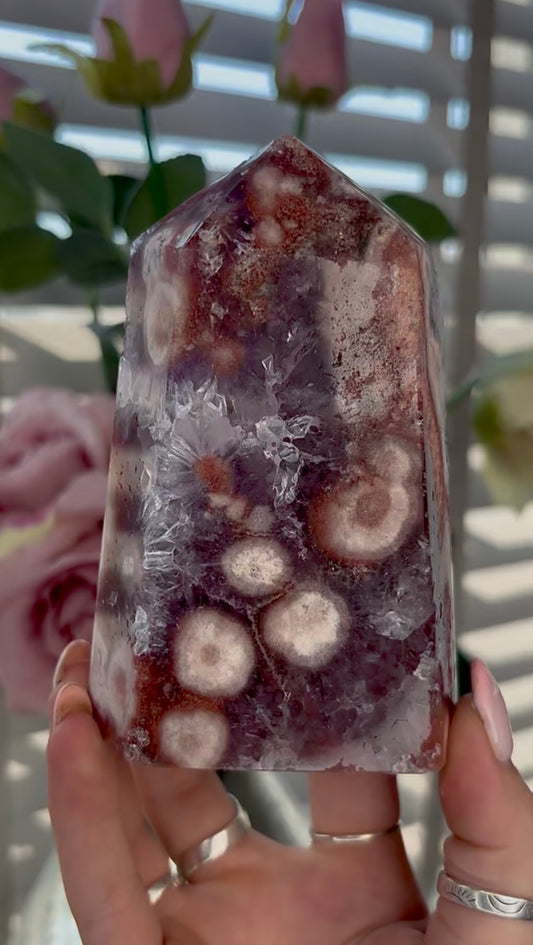 Beautiful, high quality, Pink amethyst tower with red hematite & purple quartz 11.8cm