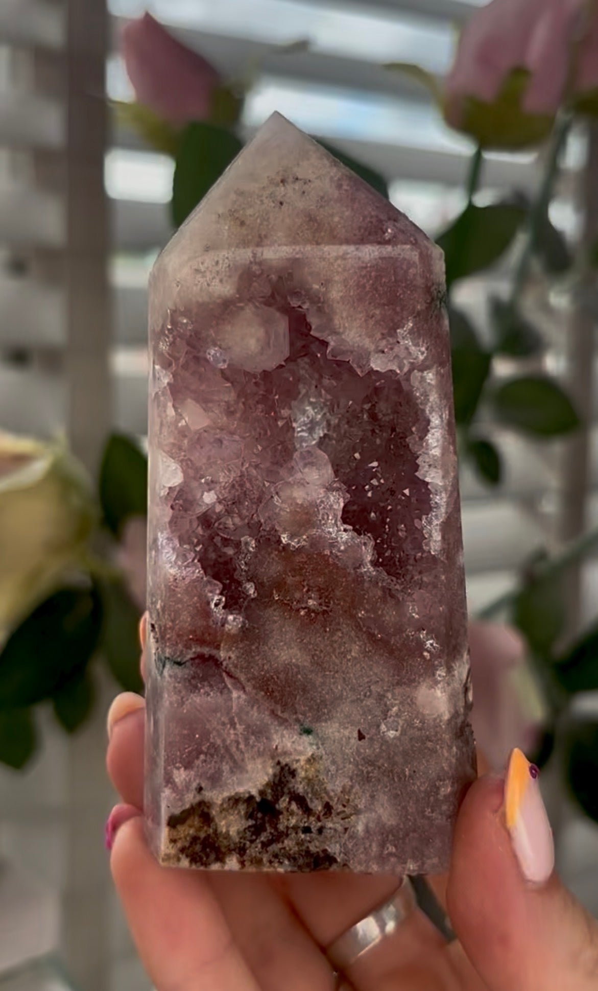 Pretty, Pink amethyst tower with Druzy