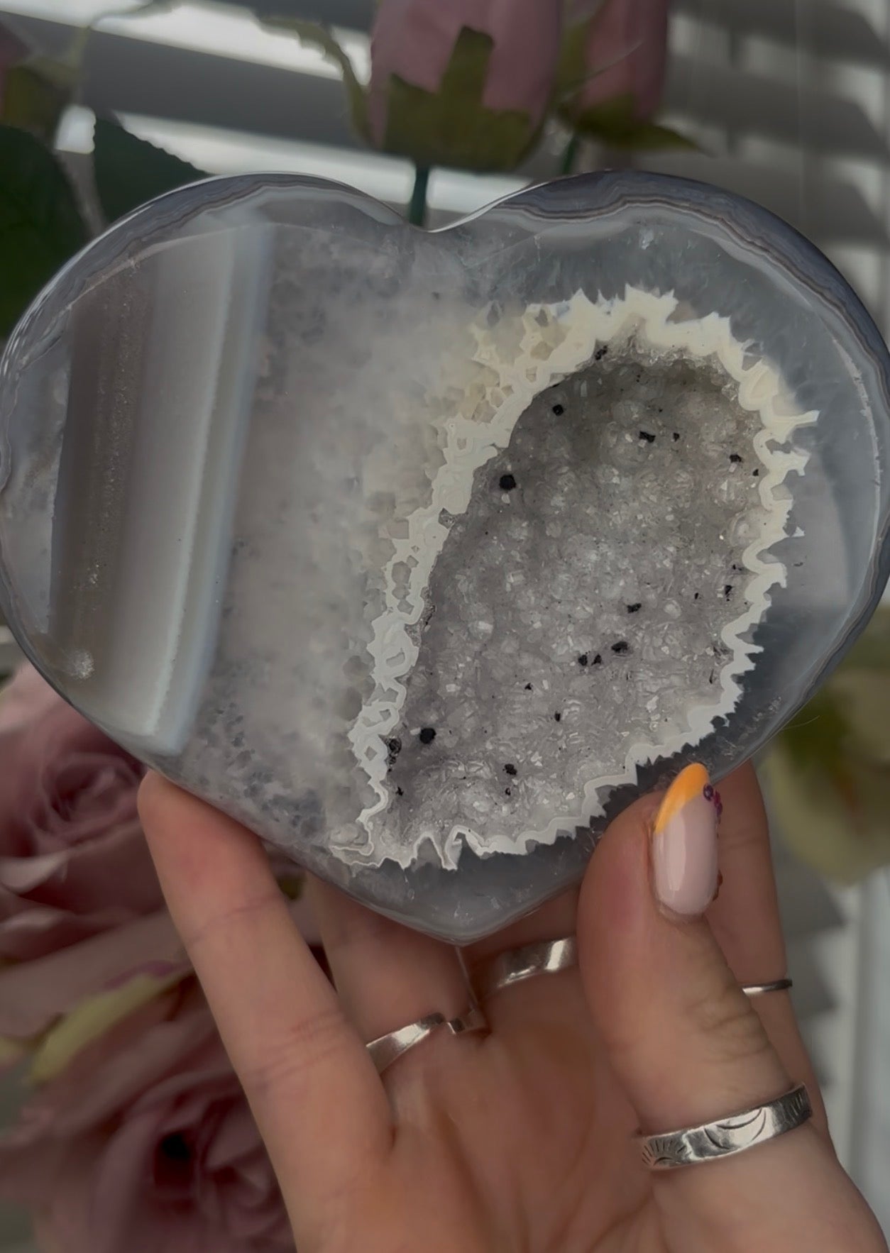 Beautiful, high quality, blue banded agate heart with druzy - stand included