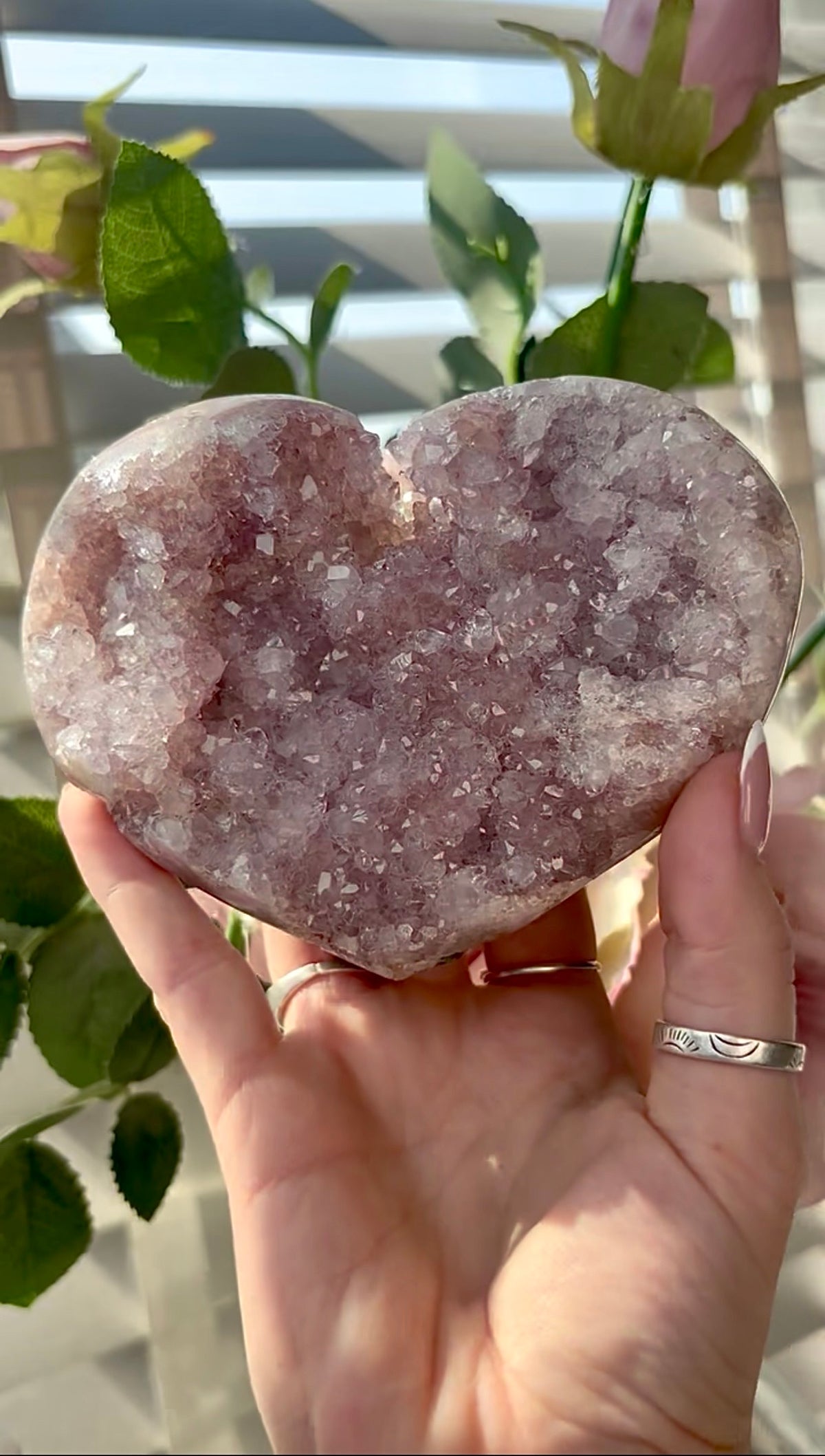 Gorgeous, hq, druzy pink amethyst heart- comes with stand