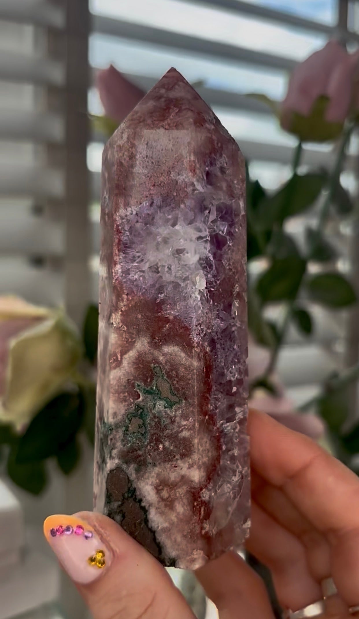 Pretty, Pink amethyst tower with quartz & Green jasper