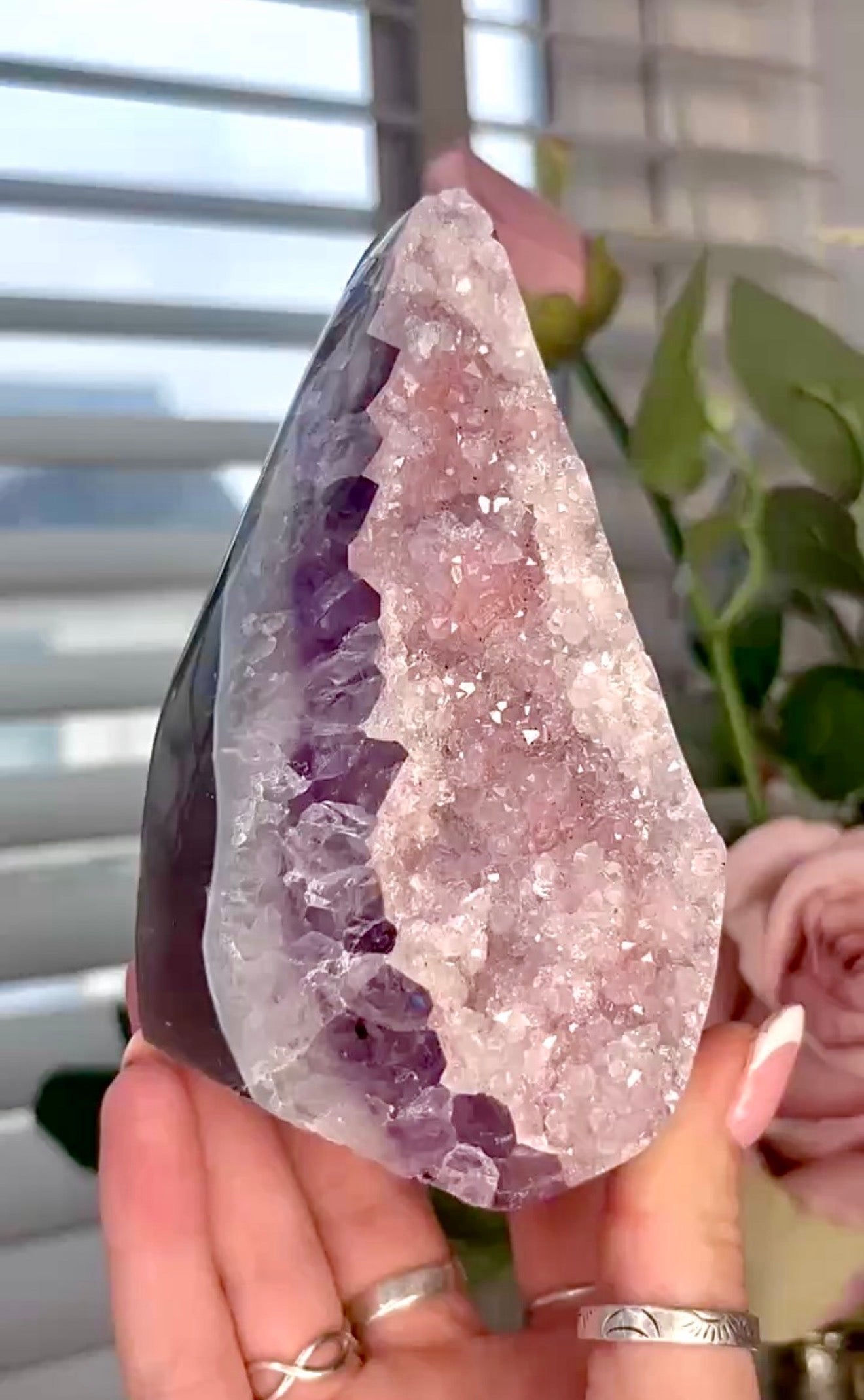 High quality, pink toned, rainbow amethyst on purple agate, cutbase