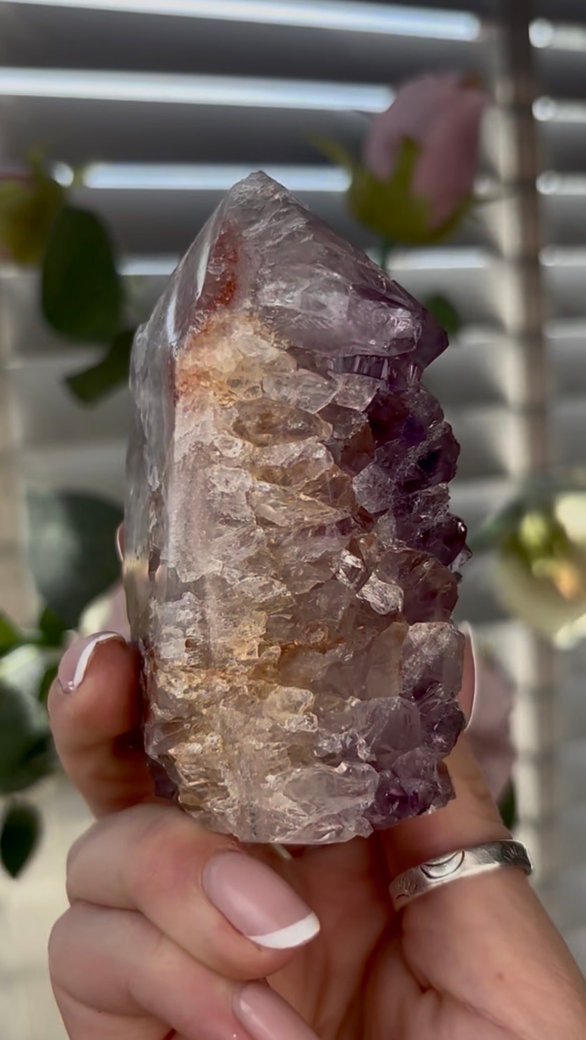 Beautiful, chunky Pink amethyst tower with purple quartz 8.5cm(h) by 5cm(w)