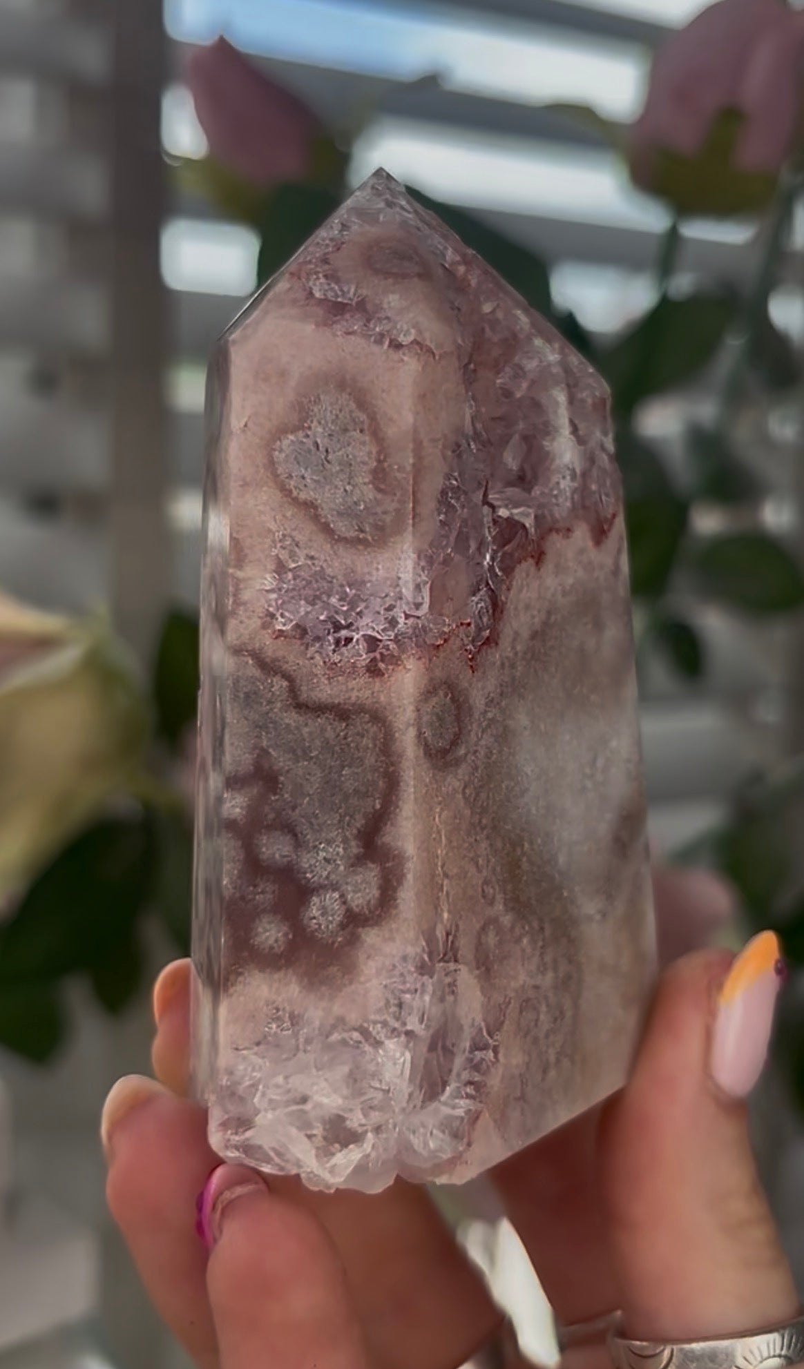 Beautiful, Pink amethyst tower with quartz druzy