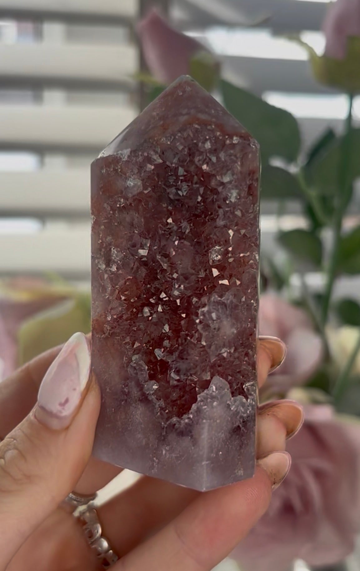 Beautiful, high quality, Pink amethyst tower in berry tones with sugar druzy