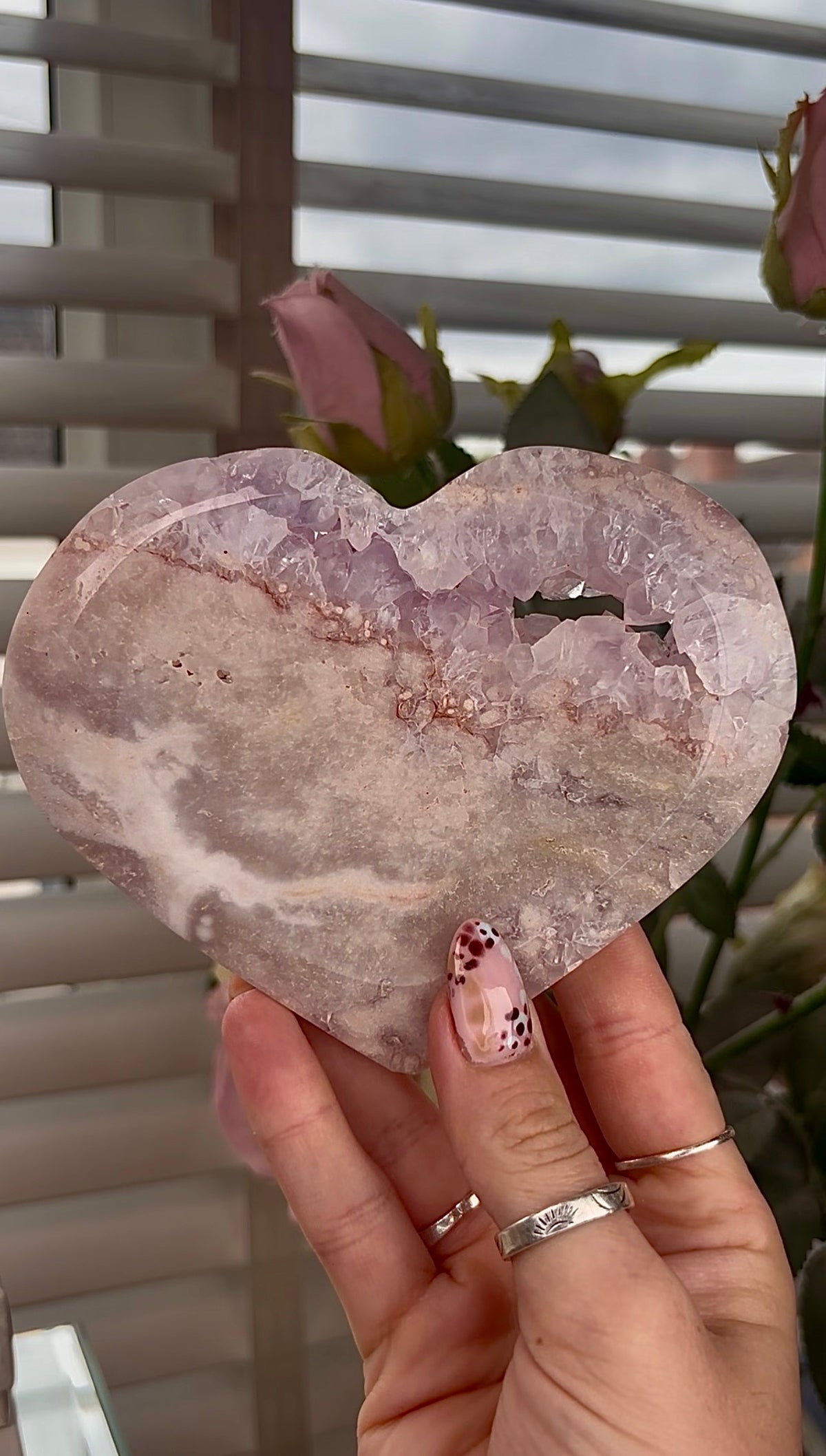 High grade, amethyst Flower agate heart with high clarity quartz