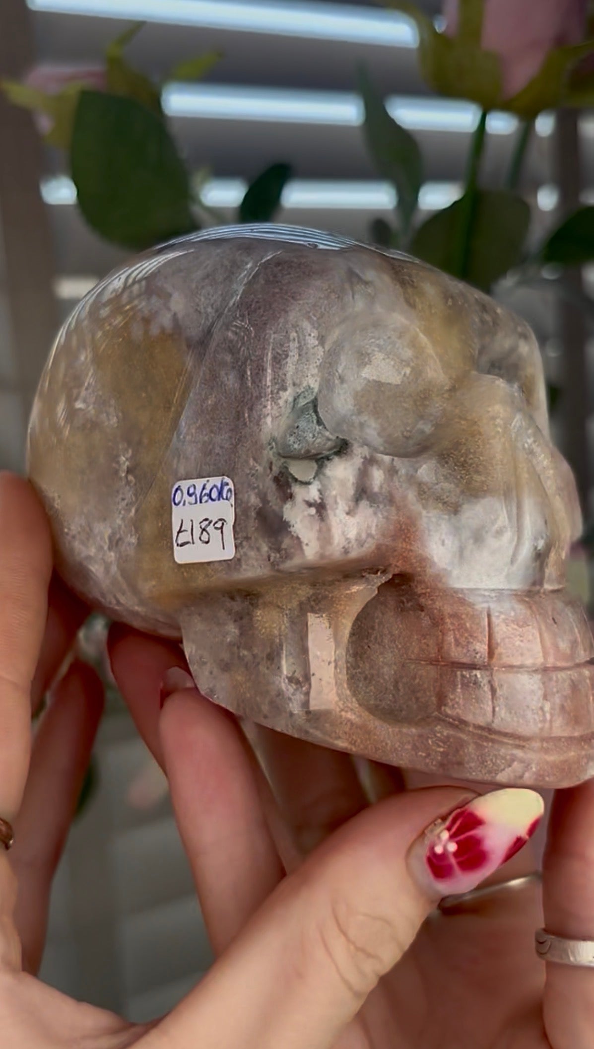 High grade, pink amethyst skull carving
