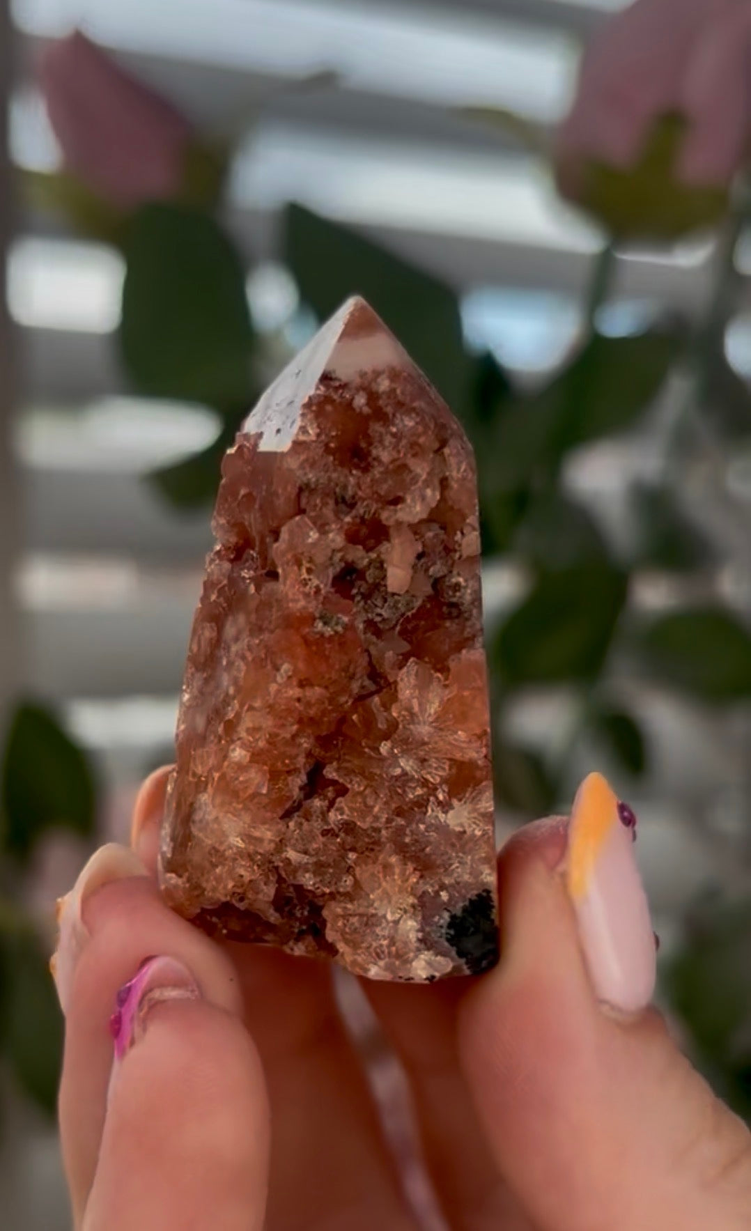 Mini Pink amethyst tower, in a burnt orange
