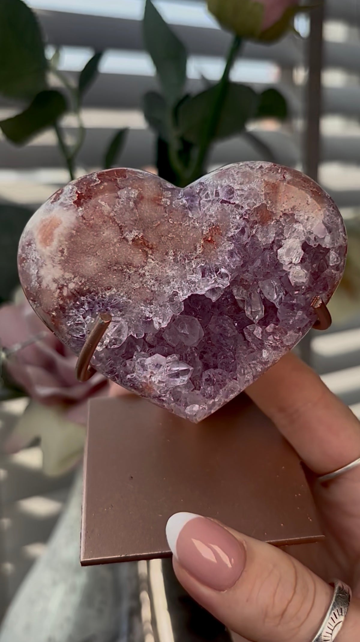 Gorgeous, high quality, pink amethyst heart with lilac quartz - comes with stand