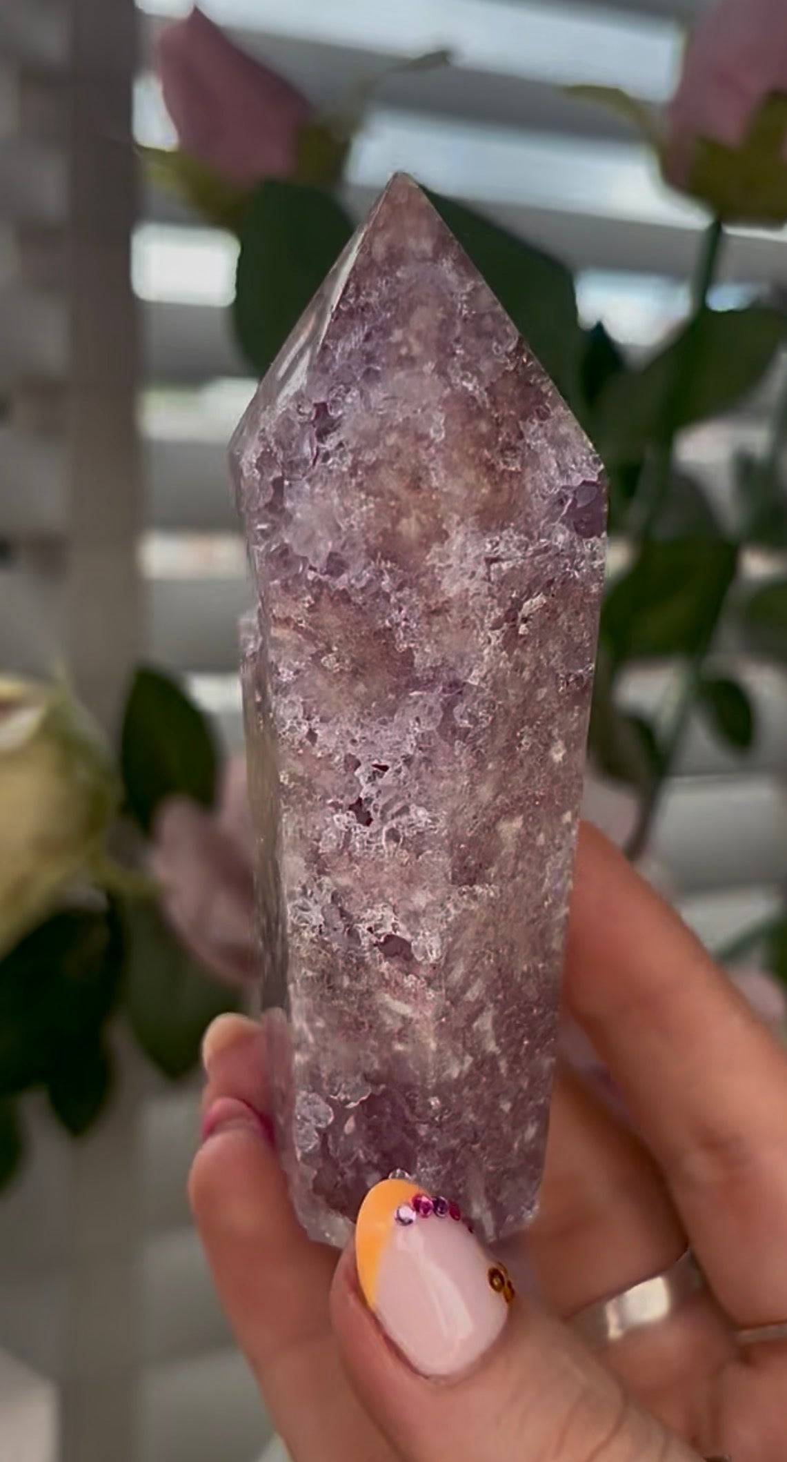 Pretty, Pink amethyst tower, with lilac quartz druzy