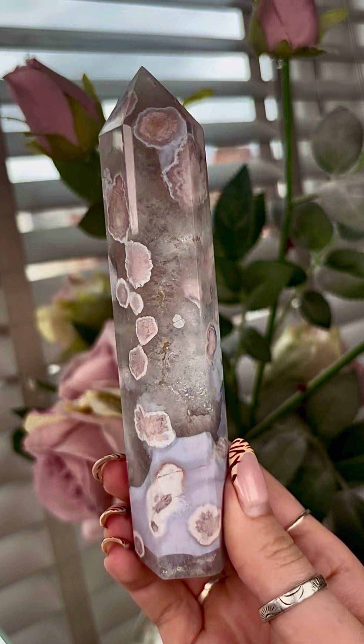 Stunning!! Super high quality, Druzy, green chlorite x blue flower agate tower