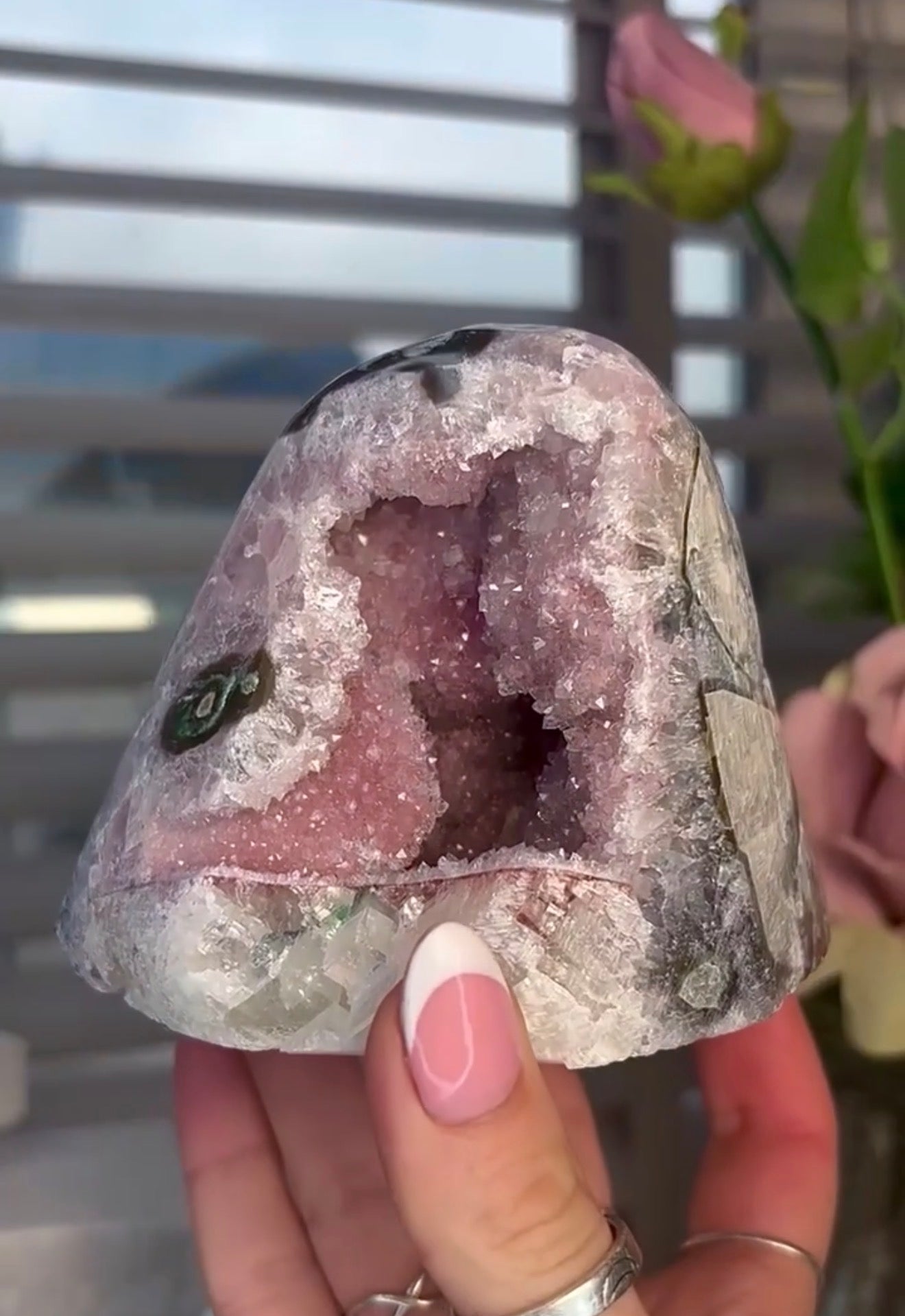 High quality, pink toned, rainbow amethyst on a calcite cutbase with stalactite eye