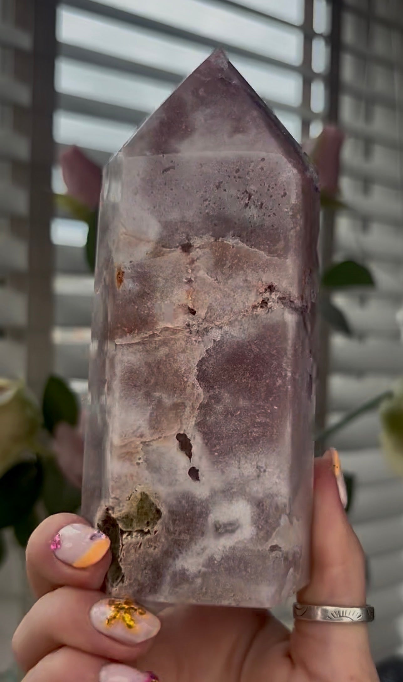 High quality, Pink amethyst tower, with purple quartz druzy