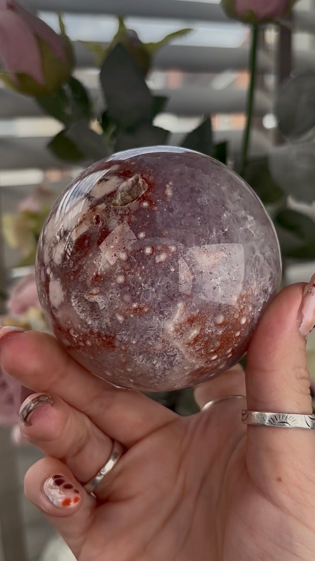 High grade, amethyst Flower agate sphere with high clarity quartz