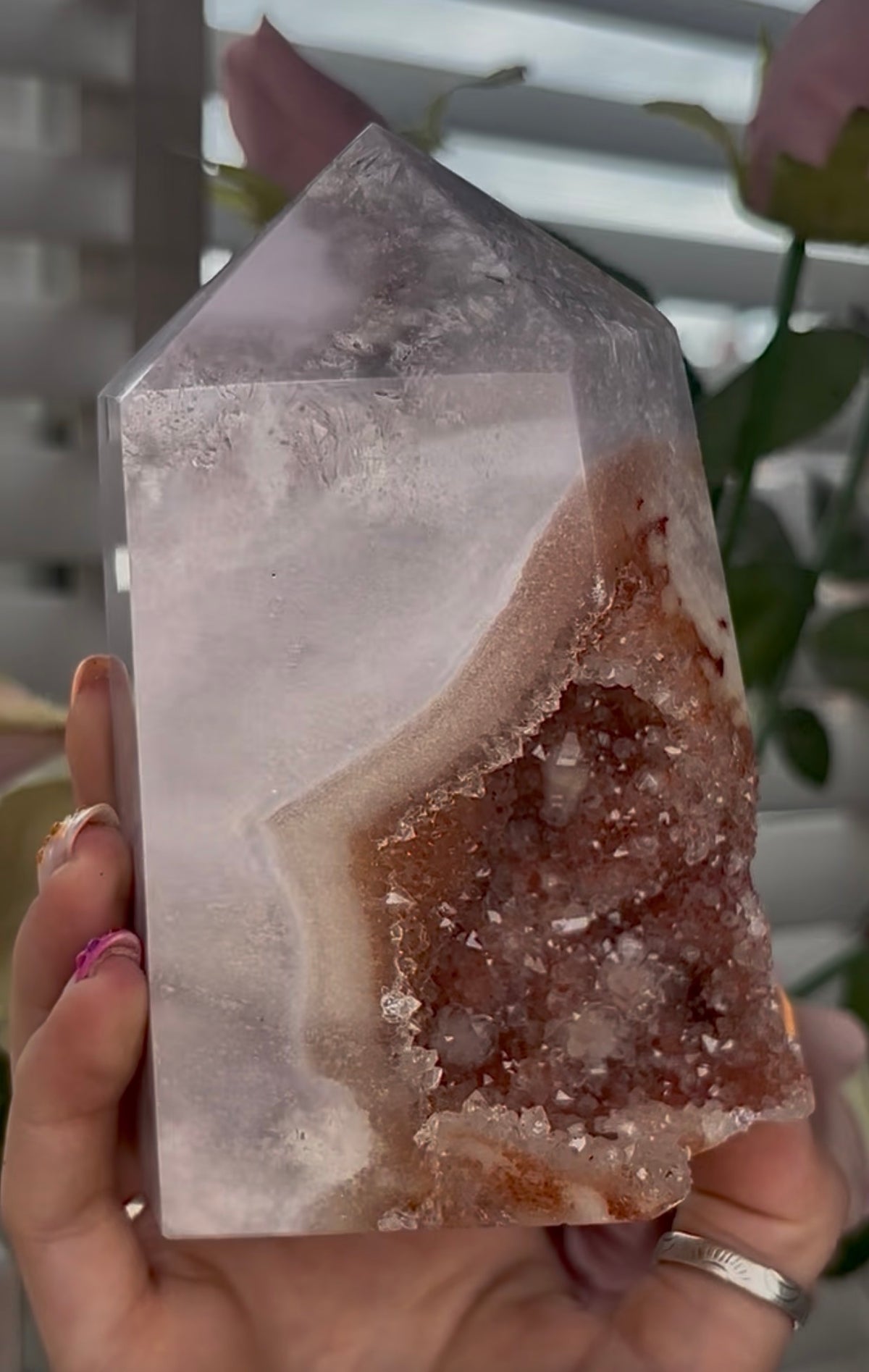 Large, High quality, Pink amethyst tower, with orange druzy