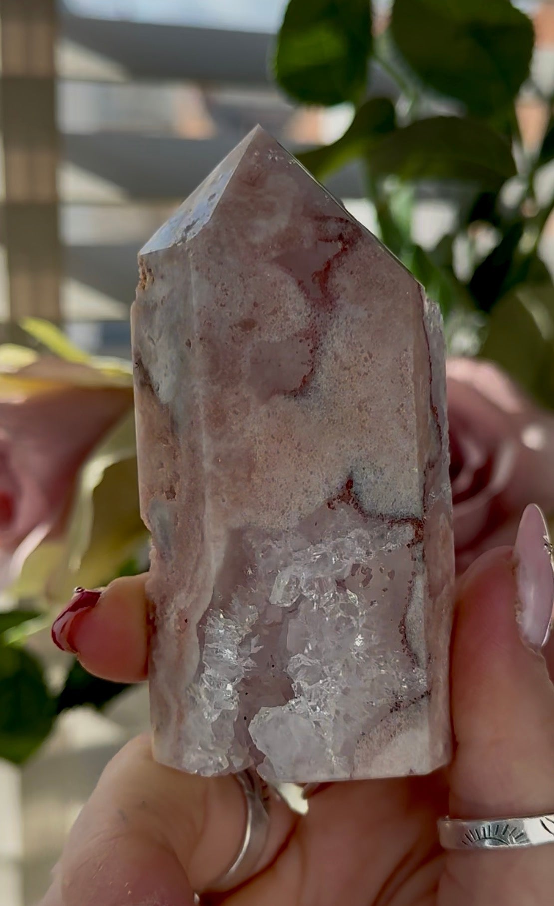 Pink amethyst tower with quartz 9.5cm(h) 4.5cm(w)