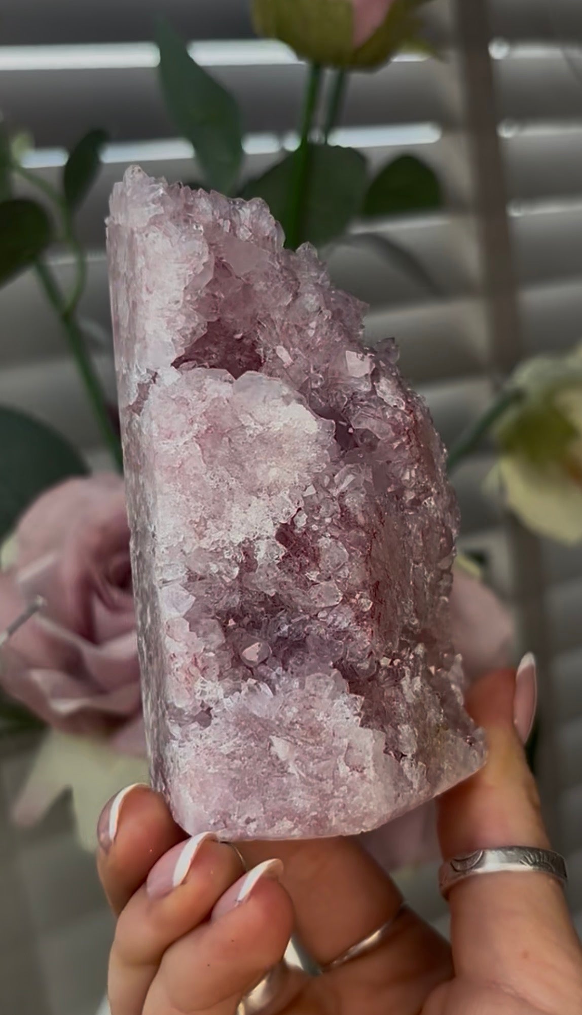 Beautiful, hq, druzy, Pink amethyst tower 10cm(h) by 5.5cm(w)