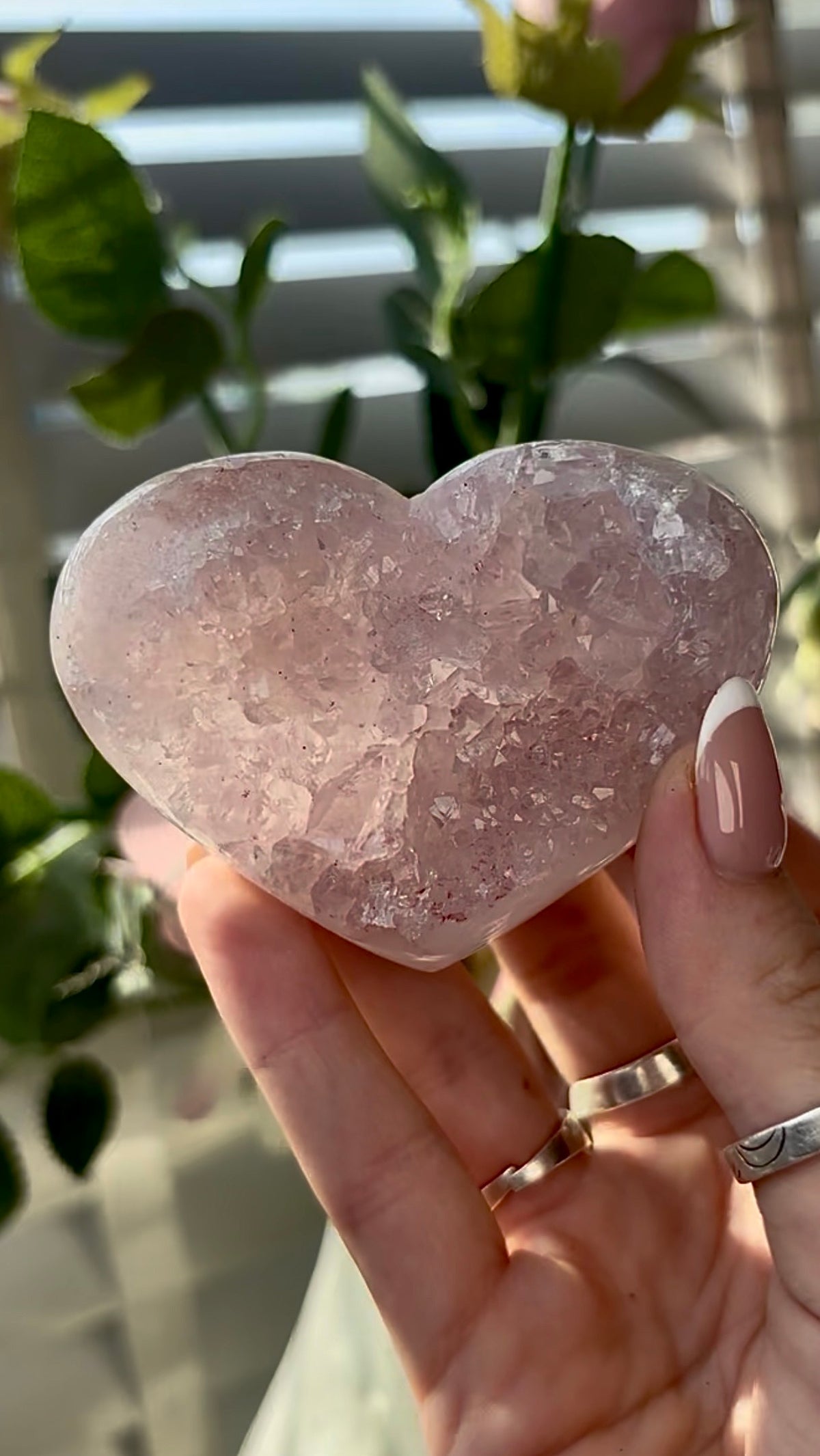 Gorgeous, high quality, pink amethyst quartz heart- comes with stand