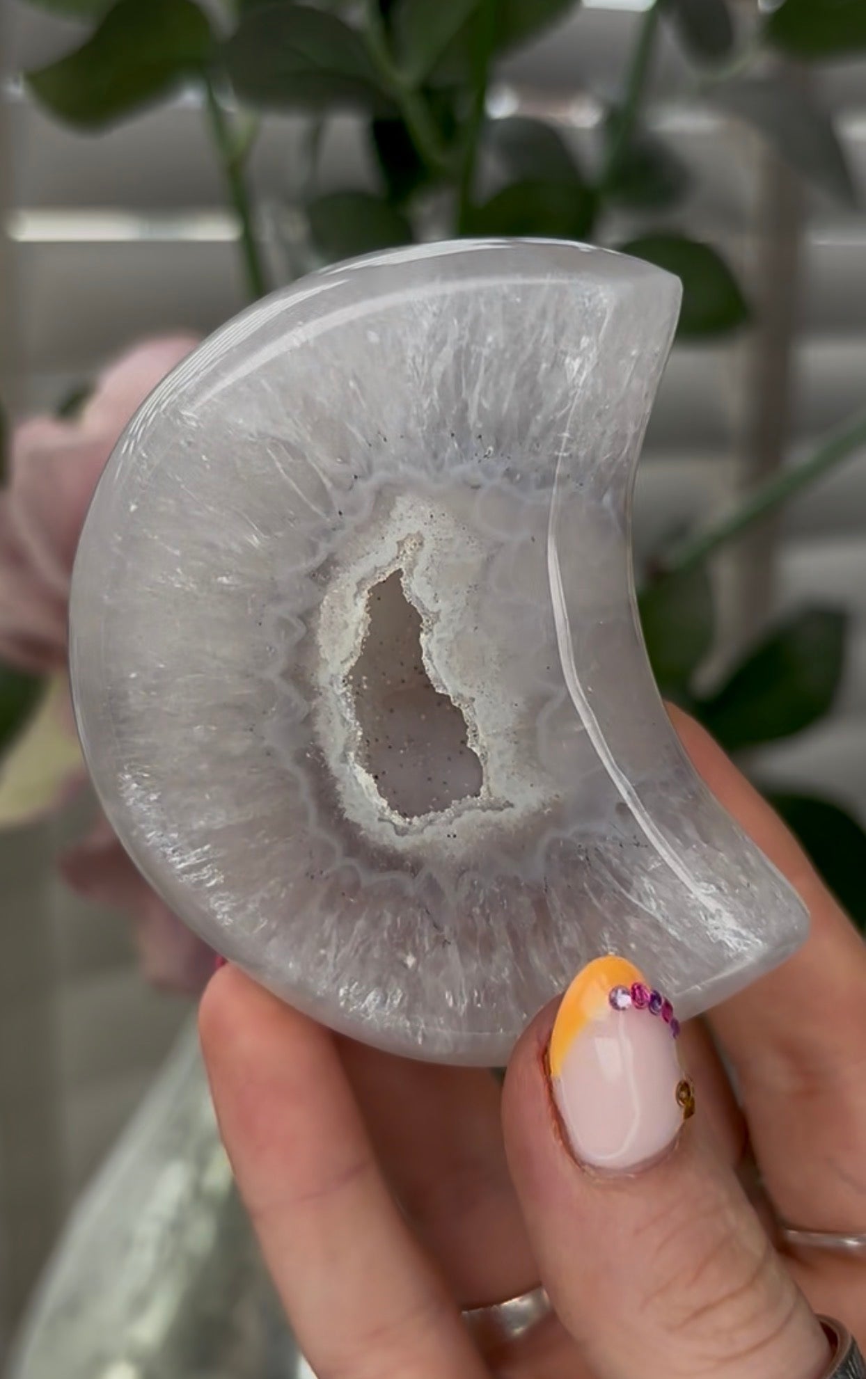 Beautiful, high grade, agate moon with druzy - comes with stand