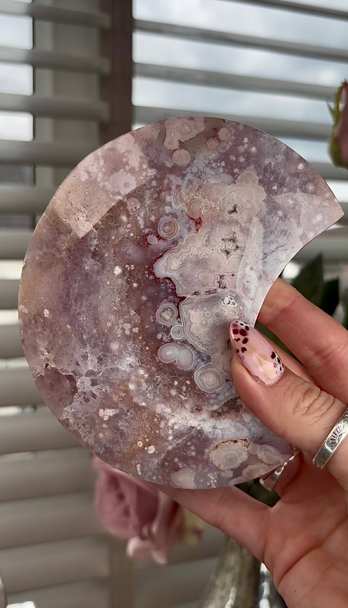 High grade, amethyst Flower agate moon with high clarity quartz