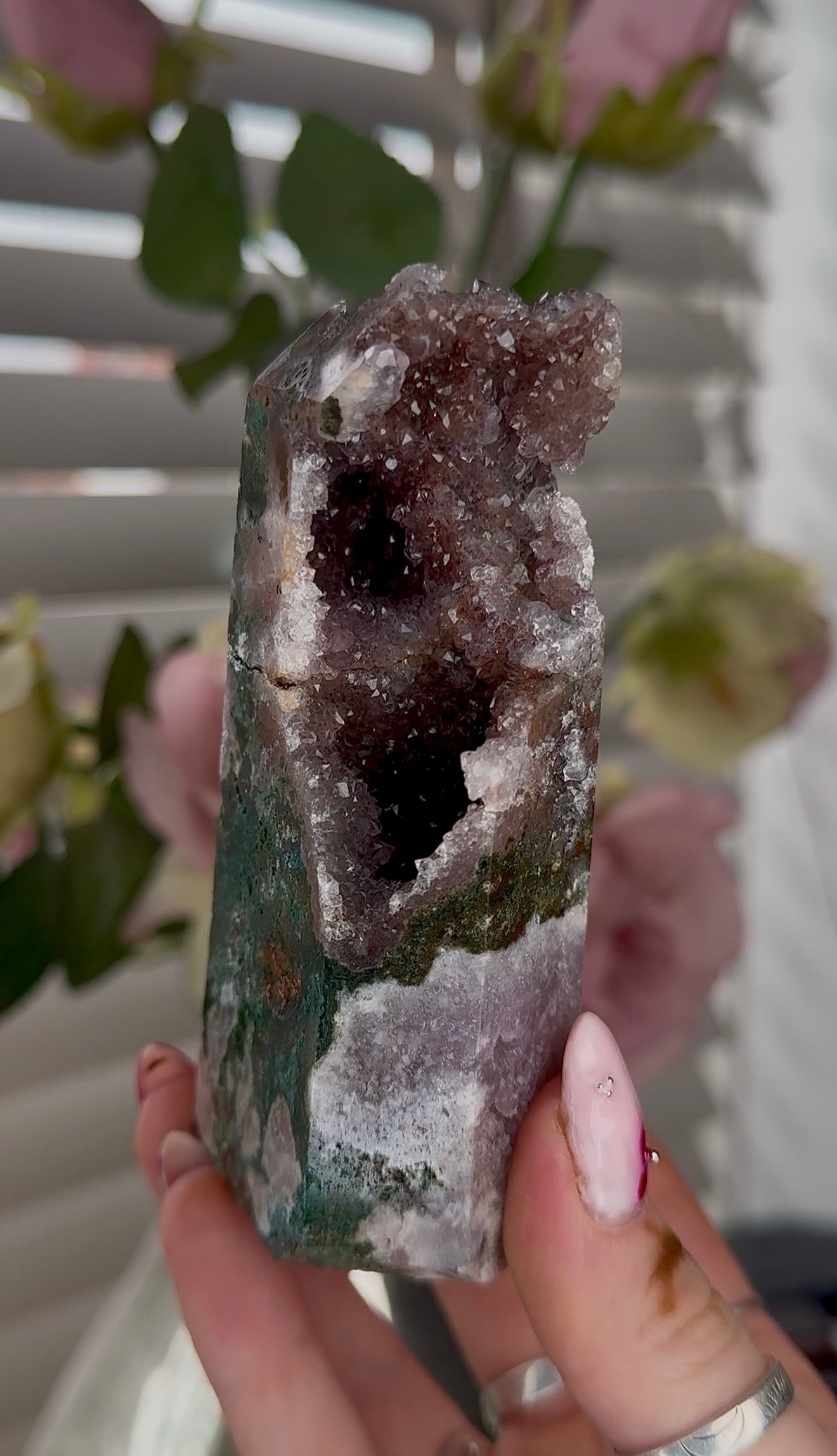 High quality Pink amethyst tower with jasper 11cm(h) 5cm(w)