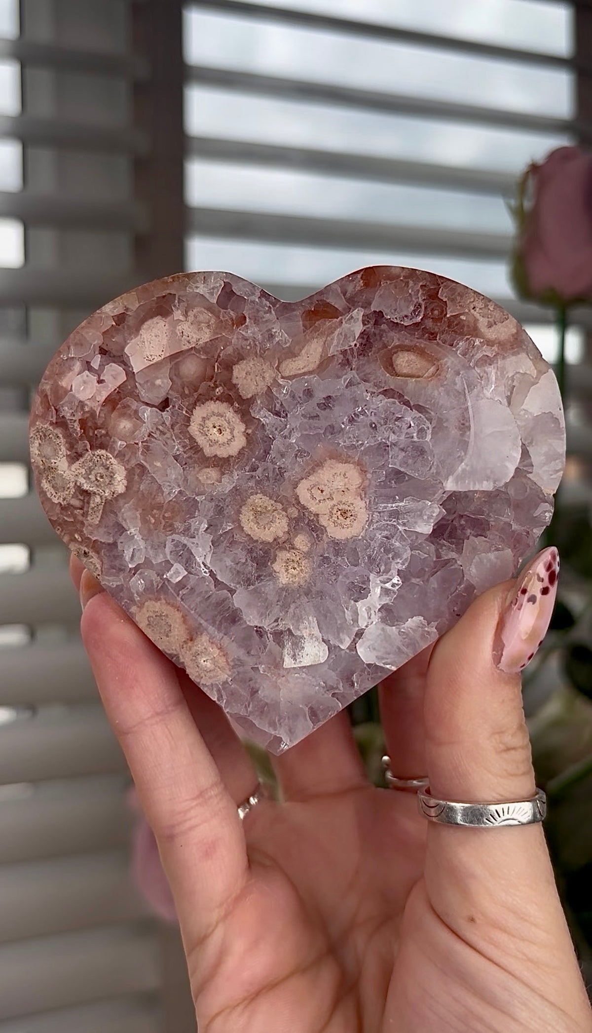 High grade, amethyst Flower agate heart with high clarity quartz
