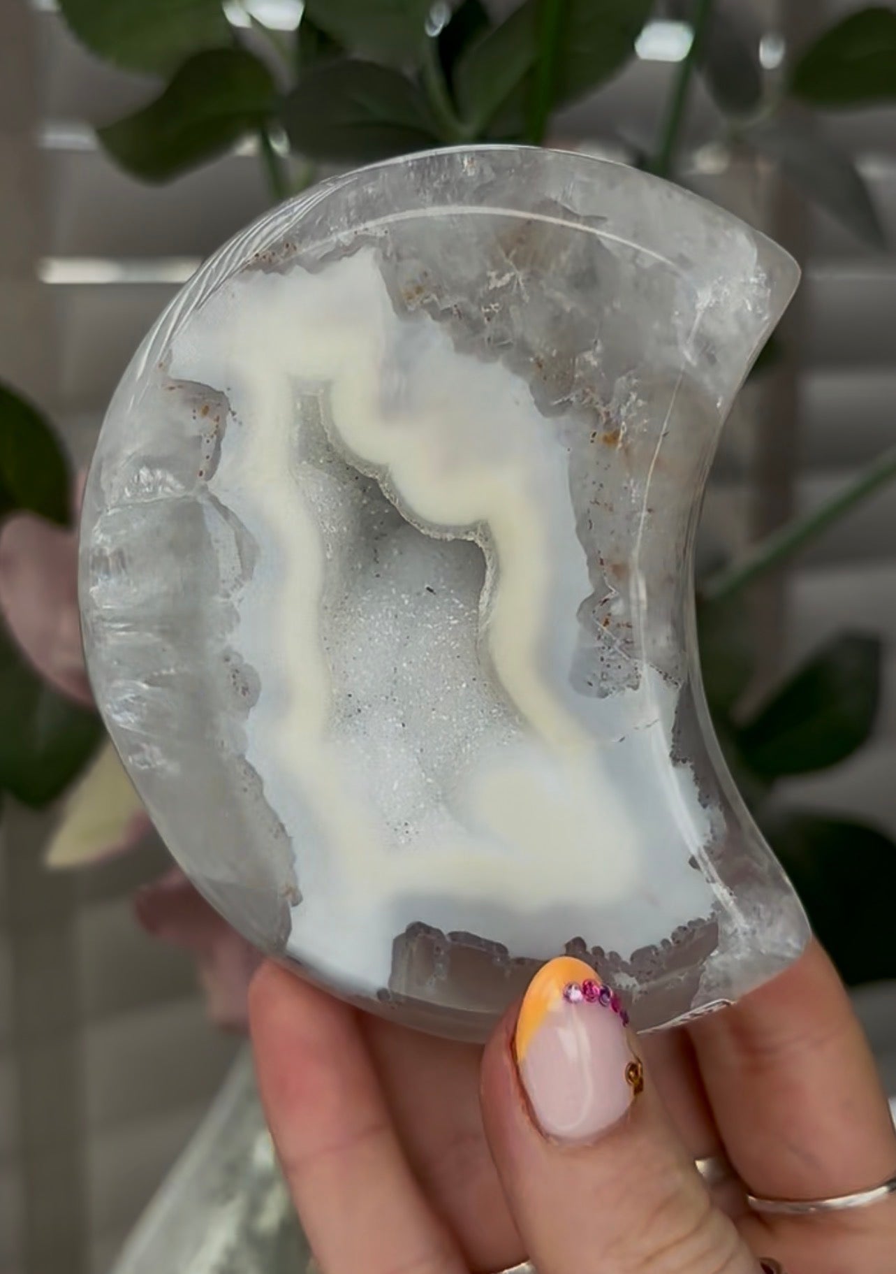 Beautiful, high grade, agate moon with druzy - comes with stand
