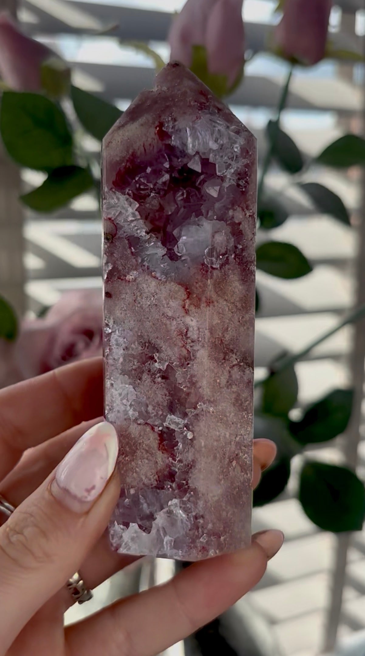 Beautiful, high quality, Pink amethyst tower with purple quartz
