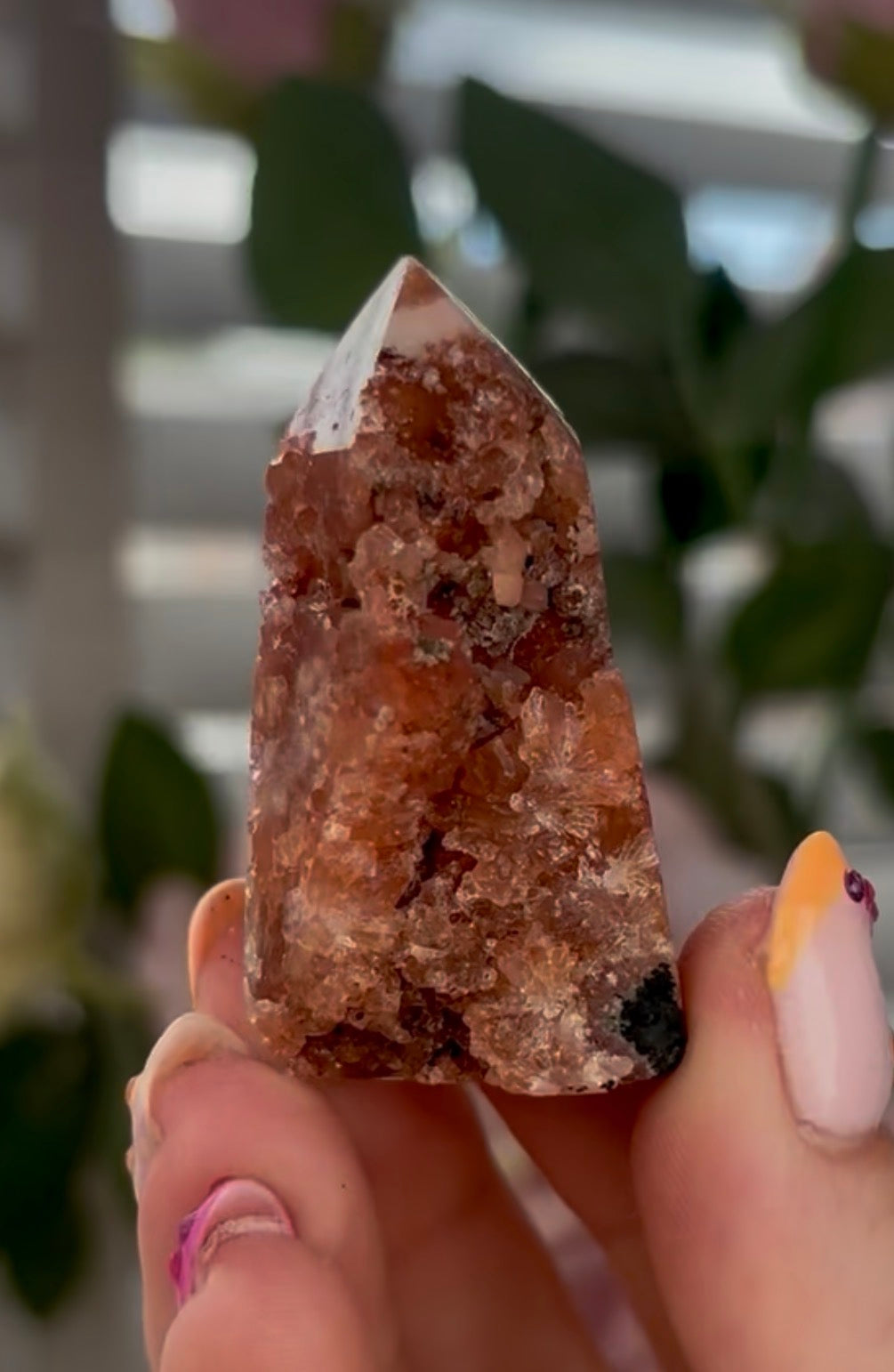 Mini Pink amethyst tower, in a burnt orange