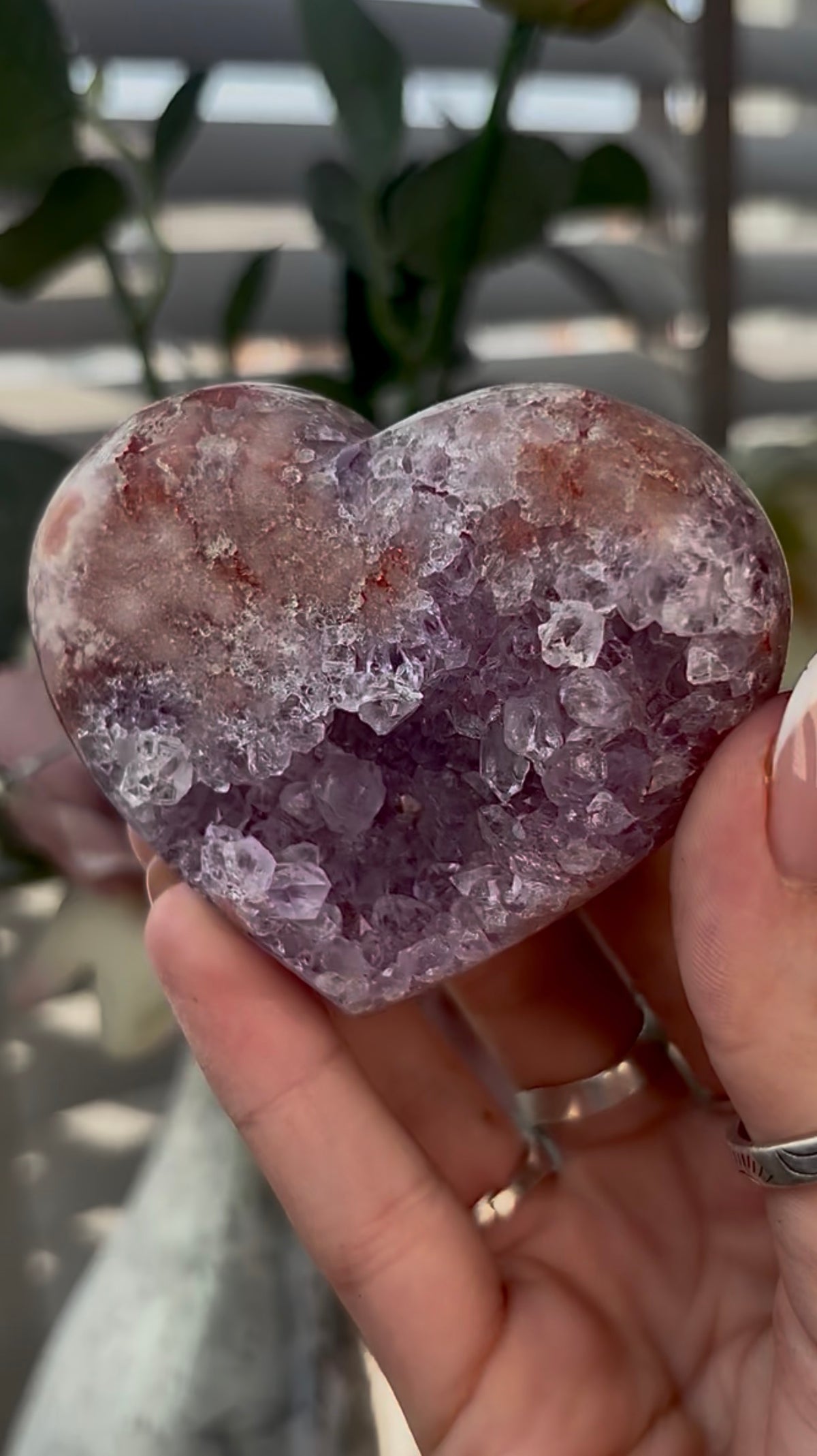 Gorgeous, high quality, pink amethyst heart with lilac quartz - comes with stand