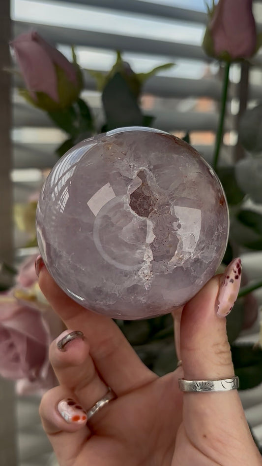 High grade, amethyst Flower agate sphere with high clarity quartz