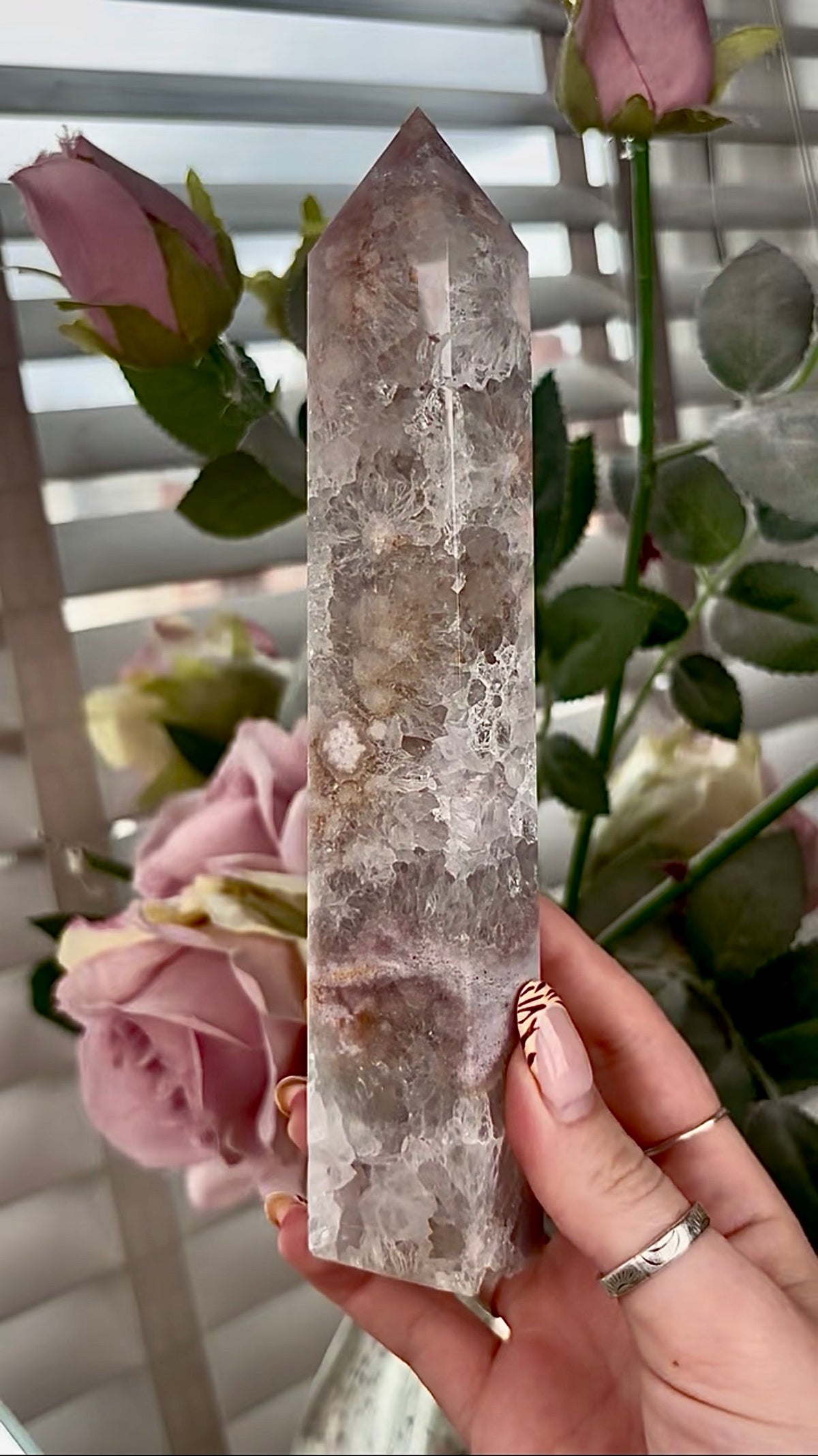Stunning!! Super high quality, Druzy, green chlorite x blue flower agate tower