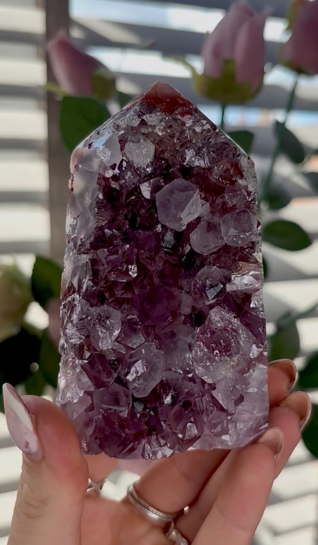 Beautiful, high quality, Pink amethyst tower with purple quartz & green jasper