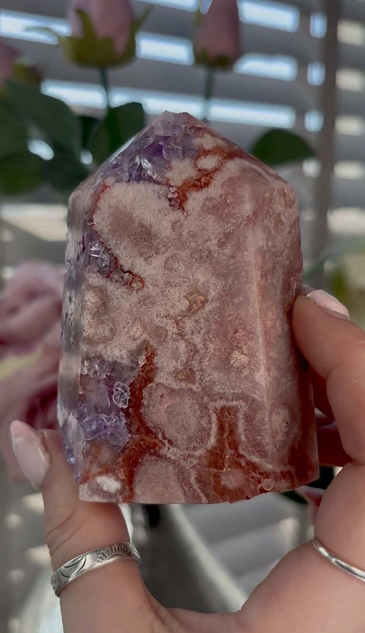 Beautiful, high quality, Pink amethyst tower with red tones & purple quartz 9.2cm