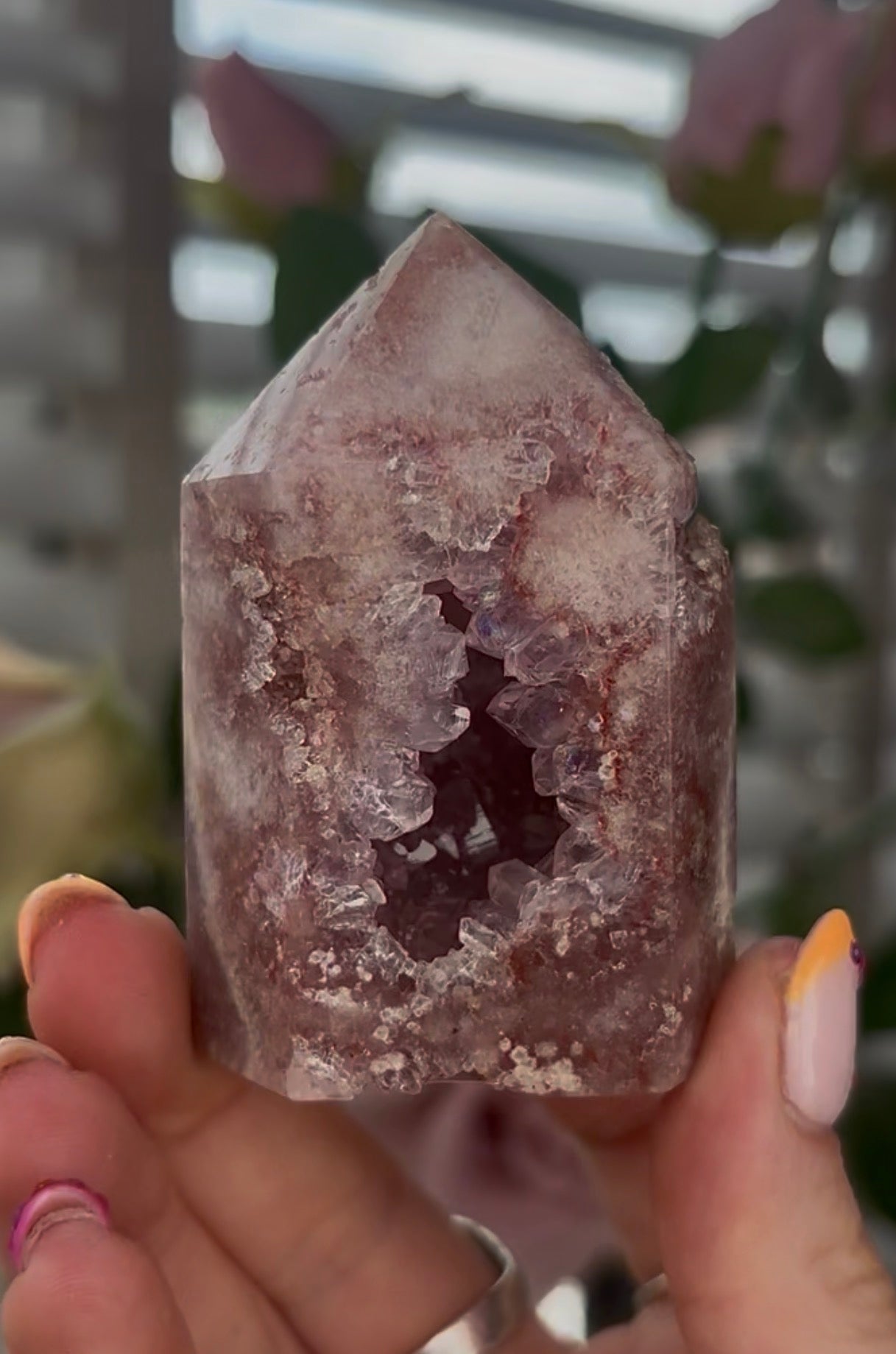 Beautiful, Pink amethyst tower with quartz druzy