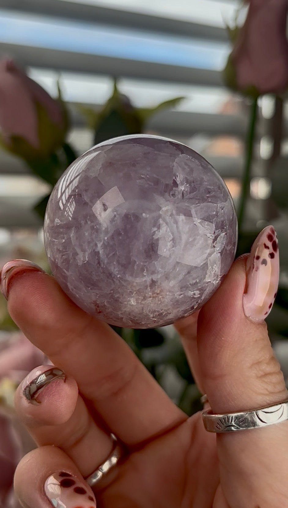 High grade, amethyst Flower agate sphere with high clarity quartz - 4.6cm