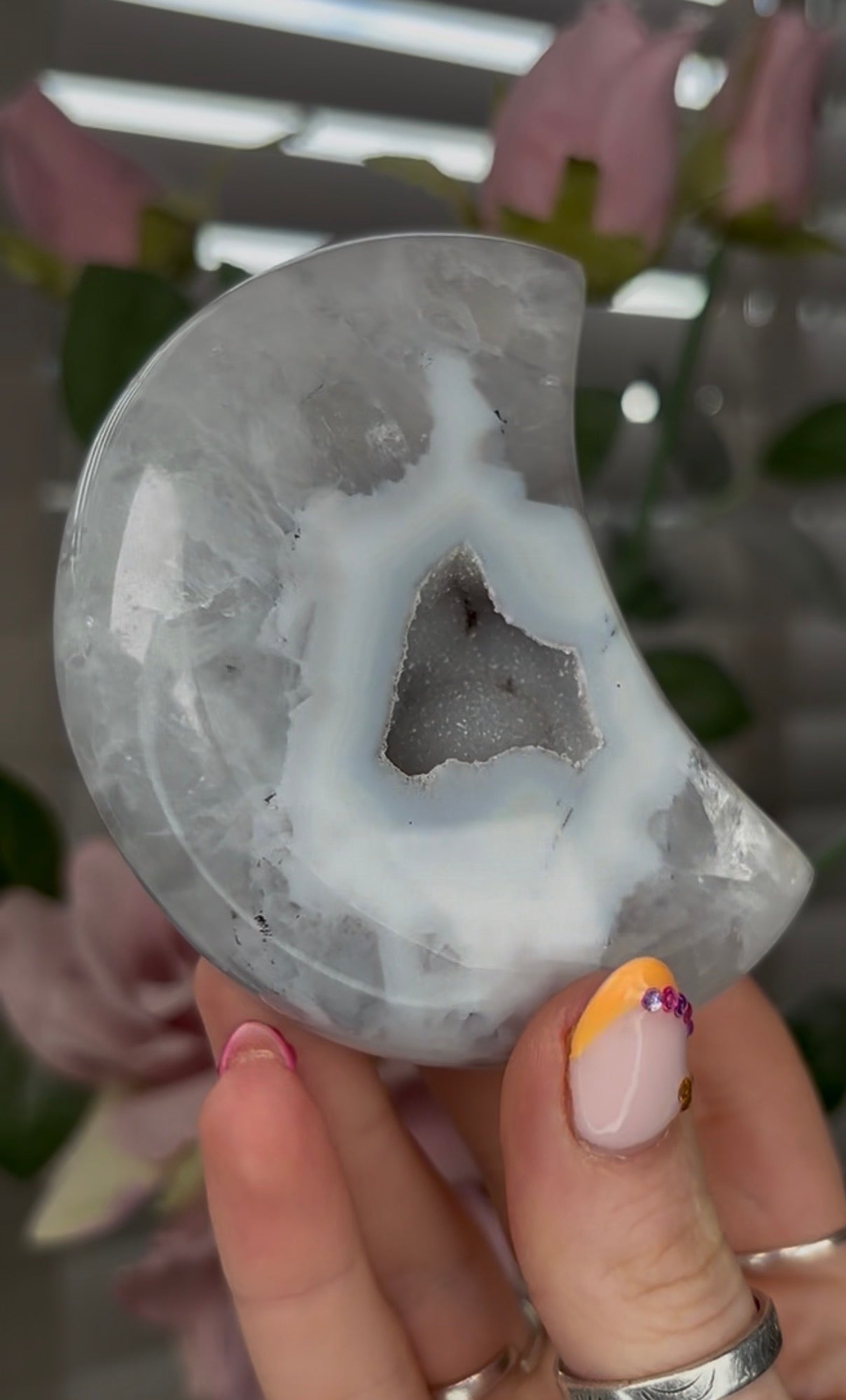 Beautiful, agate moon with druzy - comes with stand