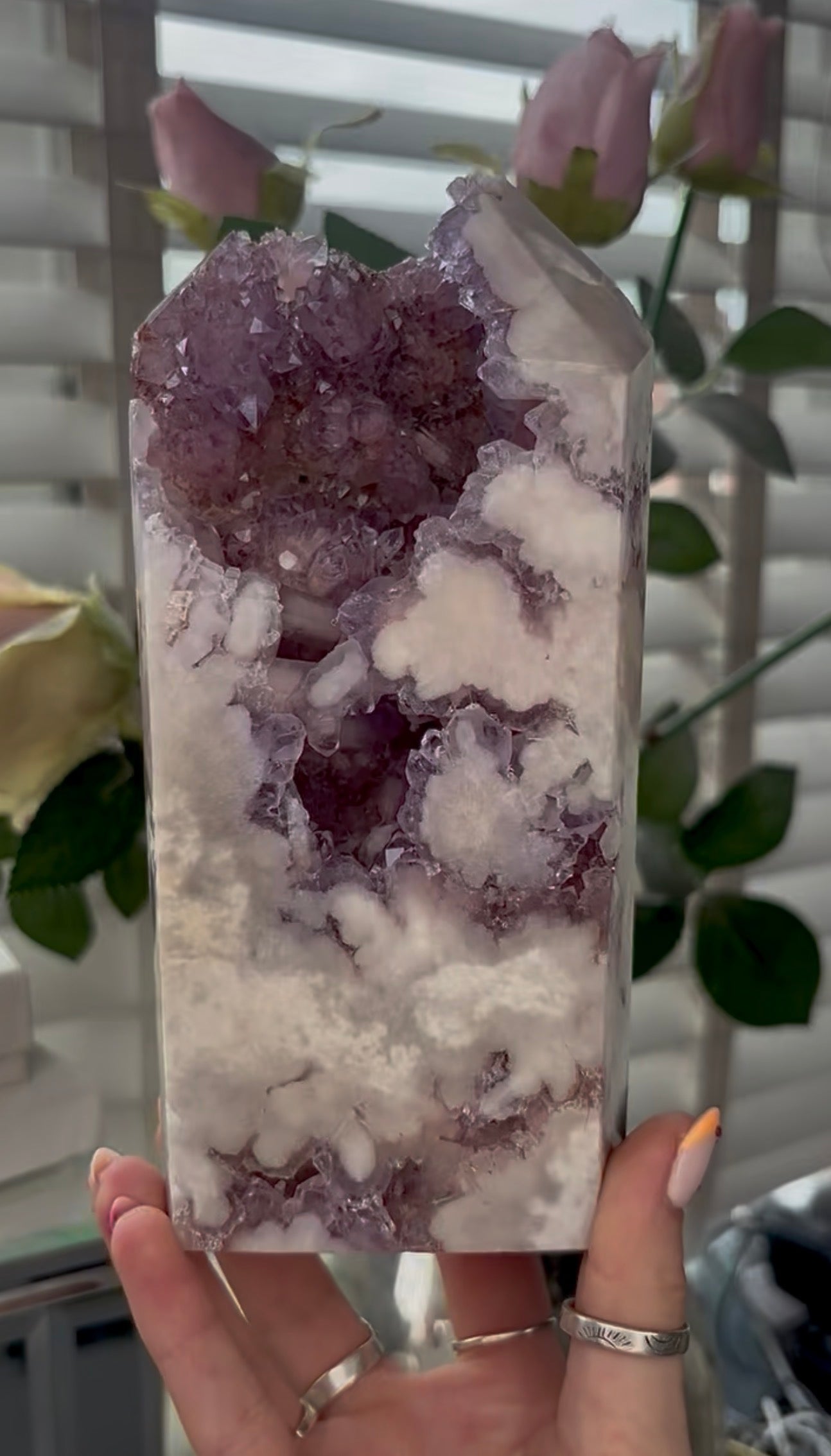 Huge, High quality, Pink amethyst tower, with purple quartz druzy