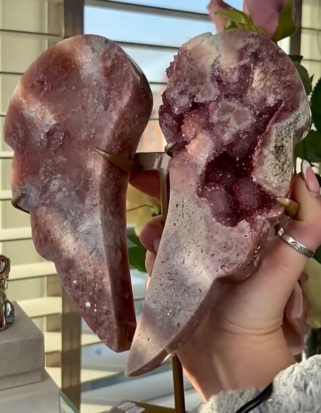 High quality, pink amethyst wings in reddish/deep pink tone - comes with stand