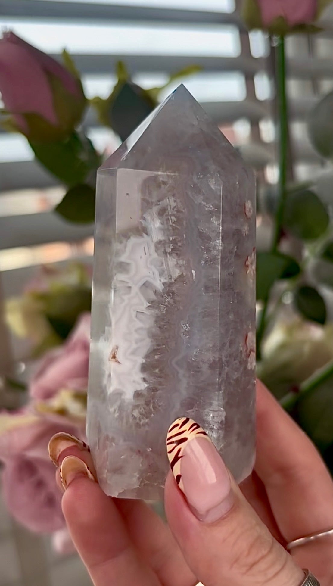 Stunning!! Super high quality, Druzy, green chlorite x blue flower agate tower