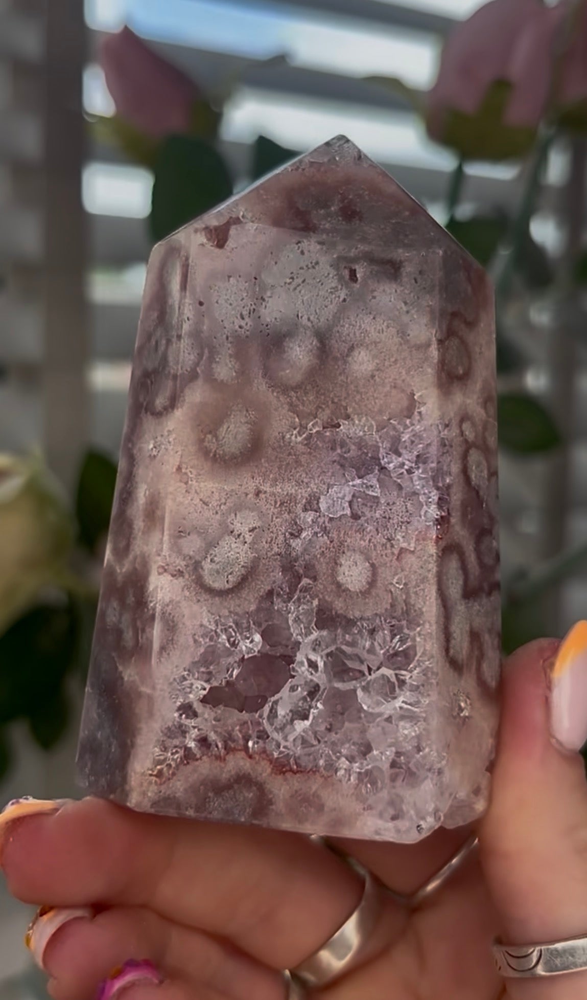 Beautiful, Pink amethyst tower with quartz druzy