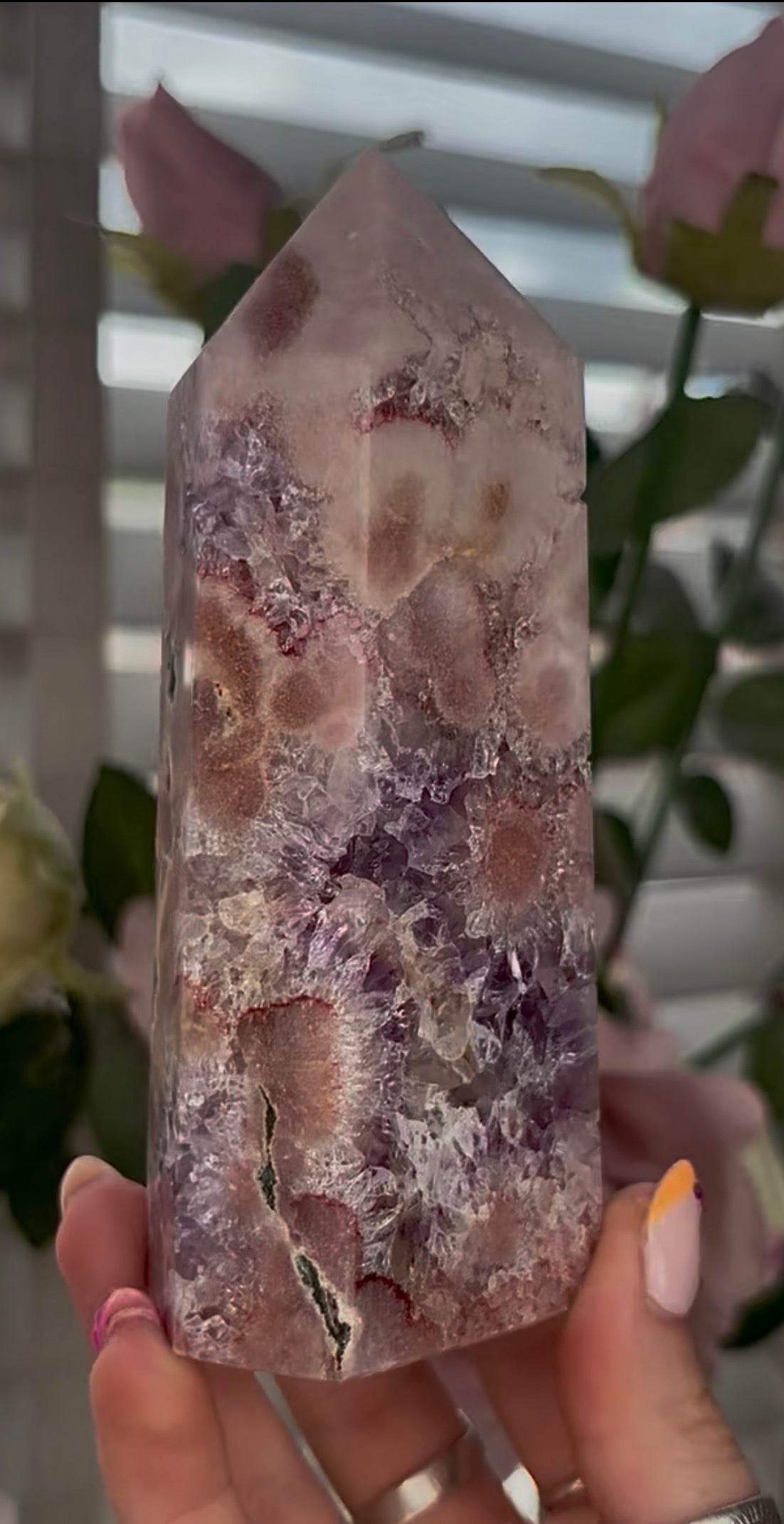 Pretty, Pink amethyst tower, with purple quartz druzy