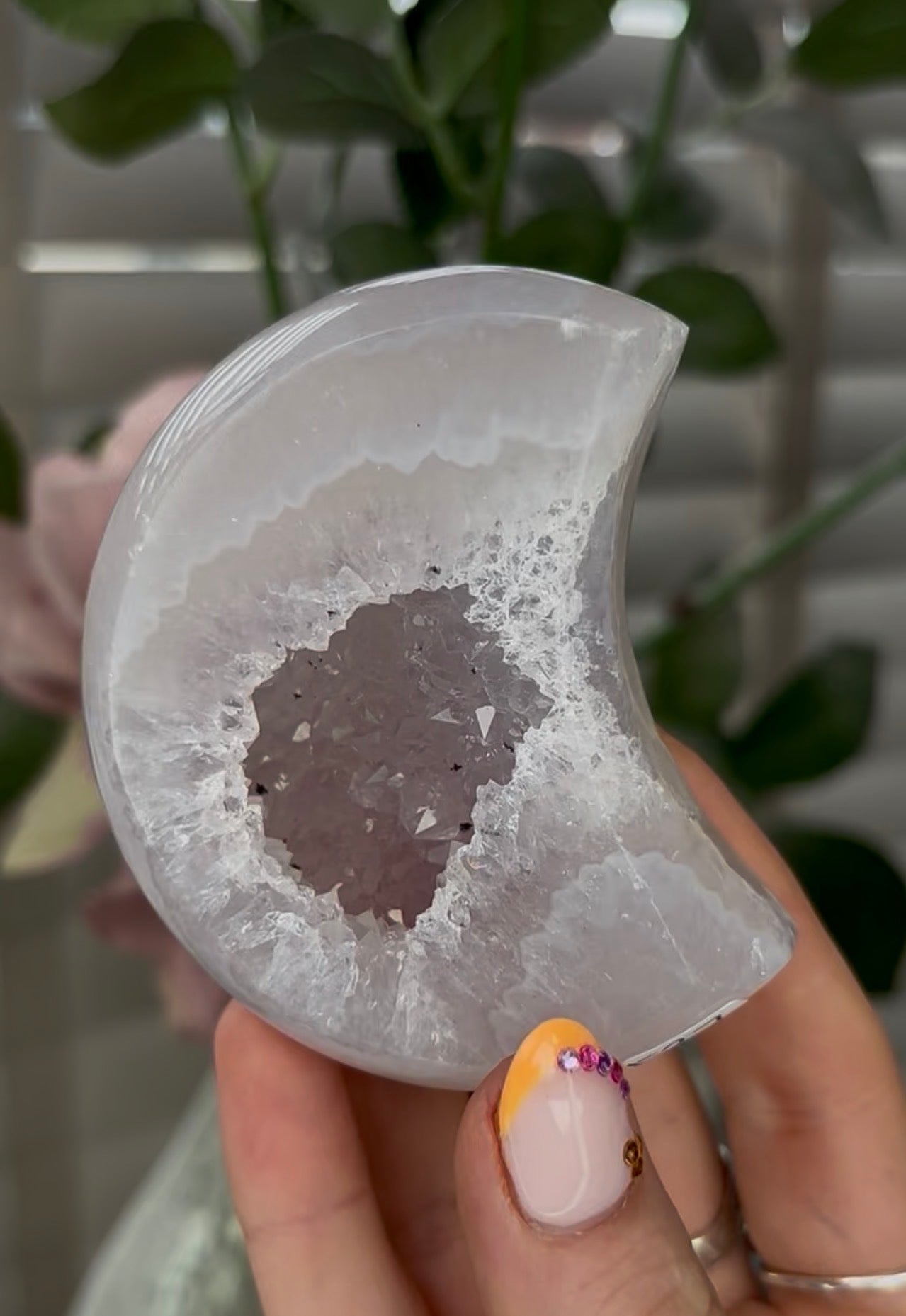 Beautiful, high grade, agate moon with druzy - comes with stand