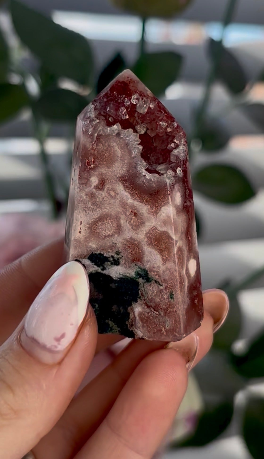 Beautiful, high quality, mini Pink amethyst tower with red hematite & Green jasper
